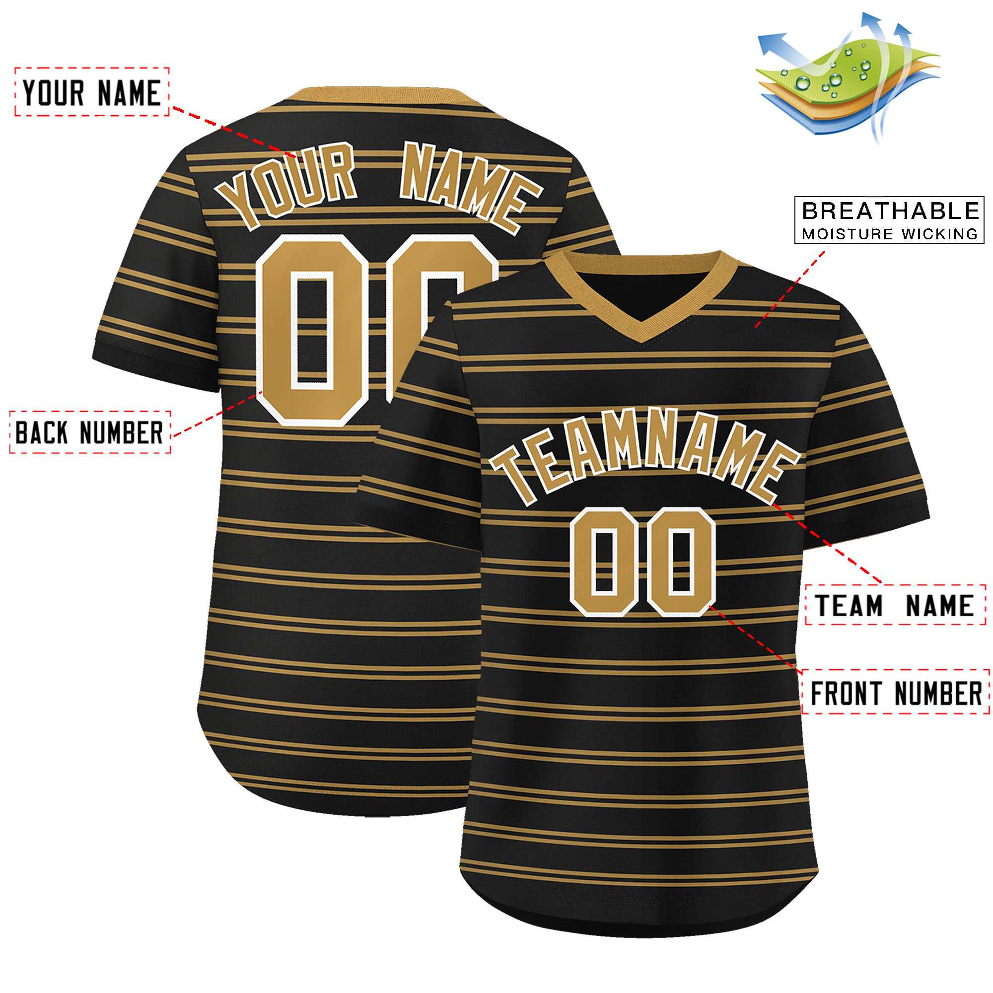 Custom Black Old Gold Personalized Horizontal Stripe Authentic Pullover Baseball Jersey