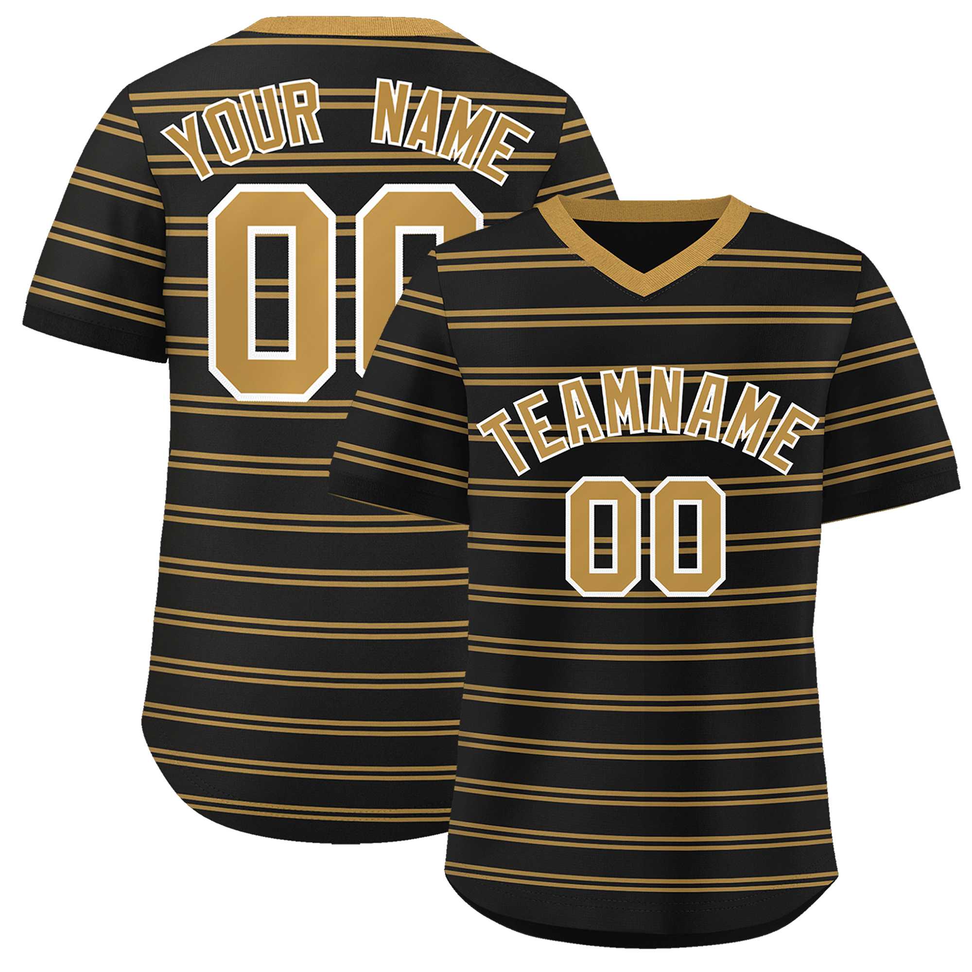 Custom Black Old Gold Personalized Horizontal Stripe Authentic Pullover Baseball Jersey