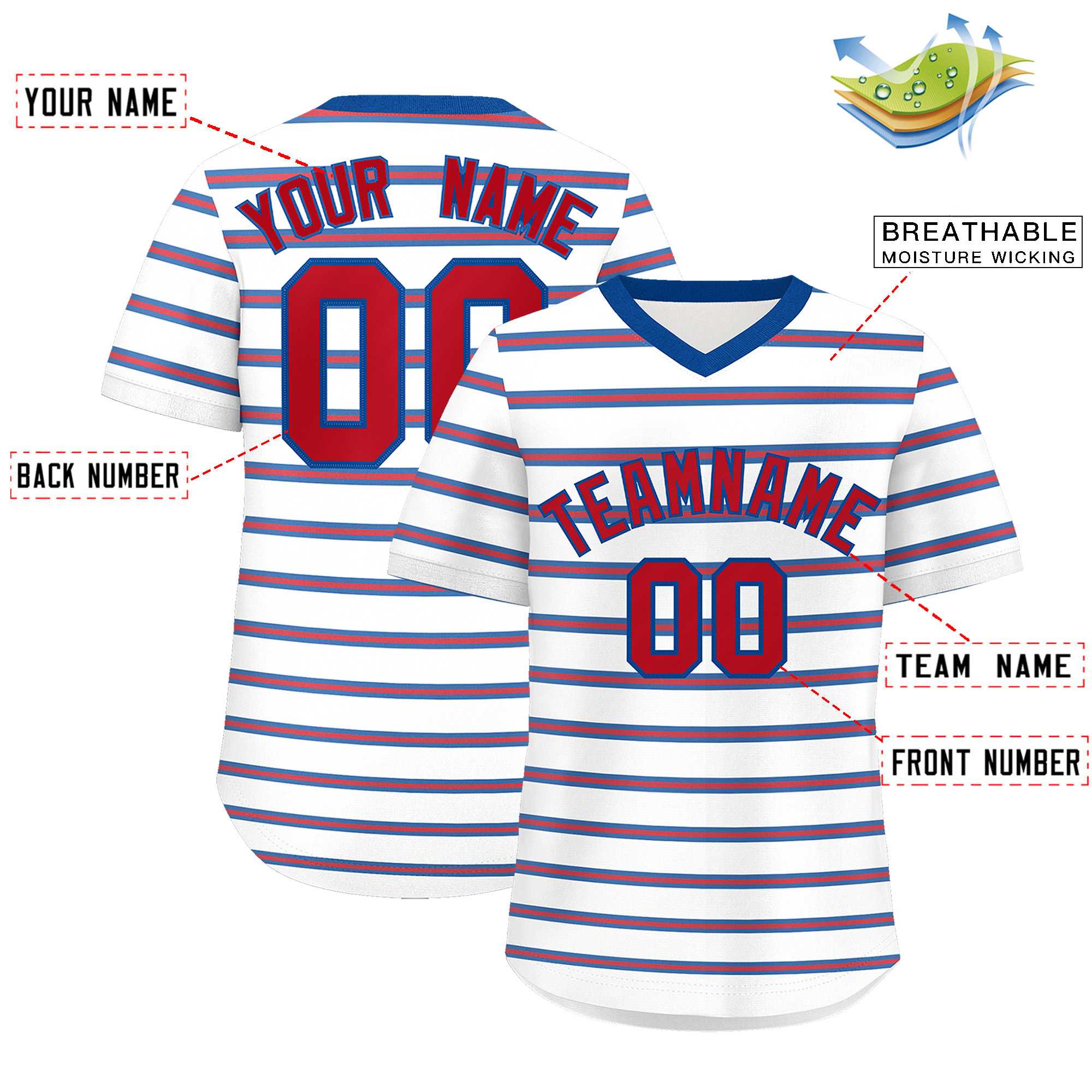 Custom White Royal-Red Personalized Horizontal Stripe Authentic Pullover Baseball Jersey