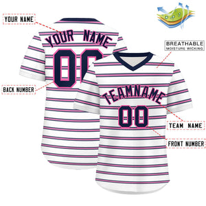 Custom White Navy-Pink Personalized Horizontal Stripe Authentic Pullover Baseball Jersey