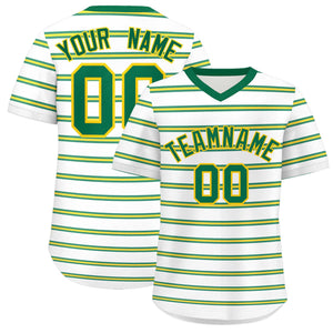 Custom White Kelly Green-Gold Personalized Horizontal Stripe Authentic Pullover Baseball Jersey