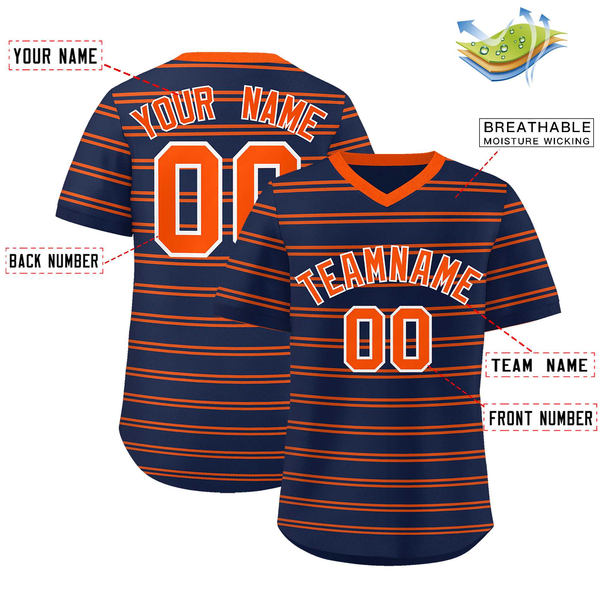 Custom Navy Orange Personalized Horizontal Stripe Authentic Pullover Baseball Jersey