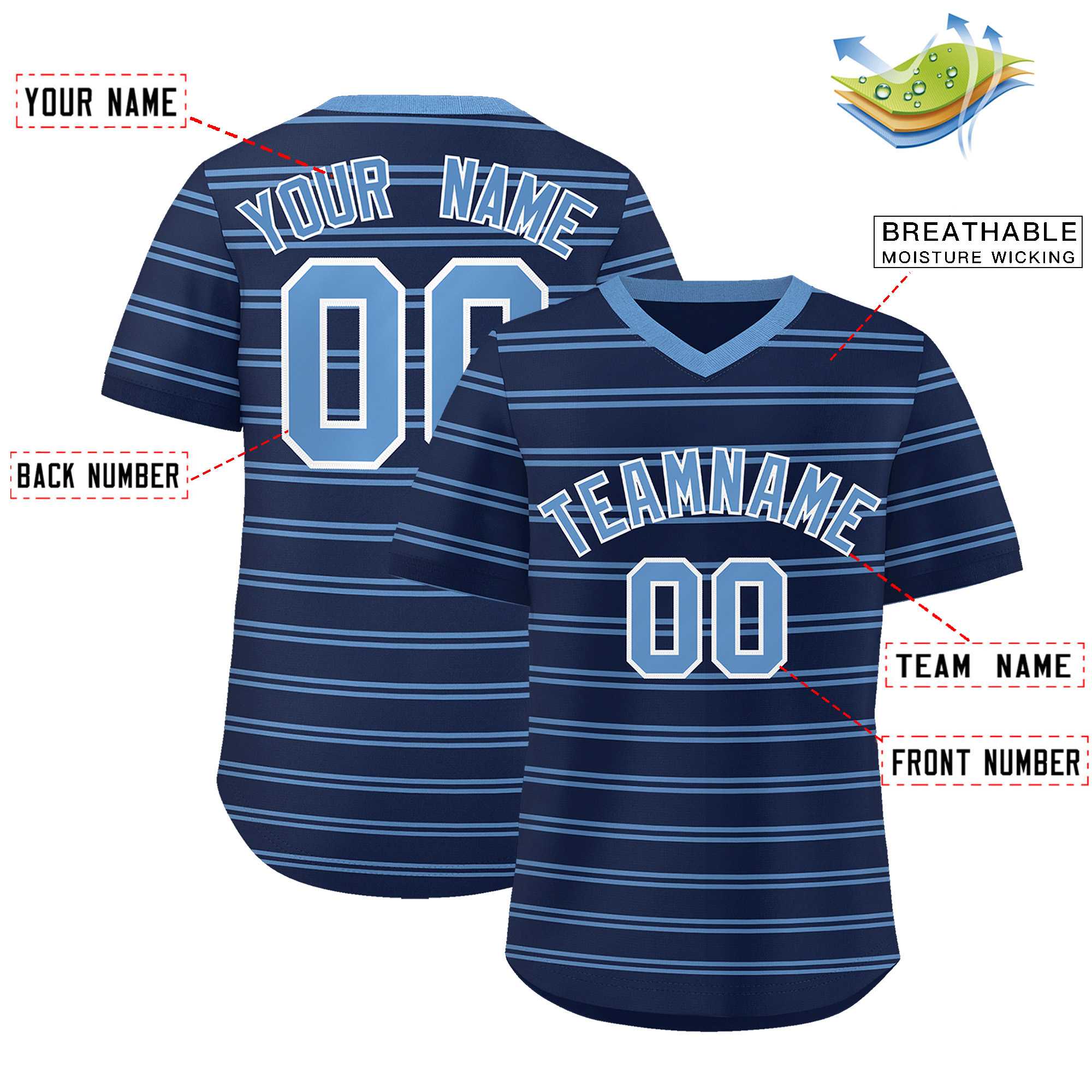 Custom Navy Light Blue Personalized Horizontal Stripe Authentic Pullover Baseball Jersey