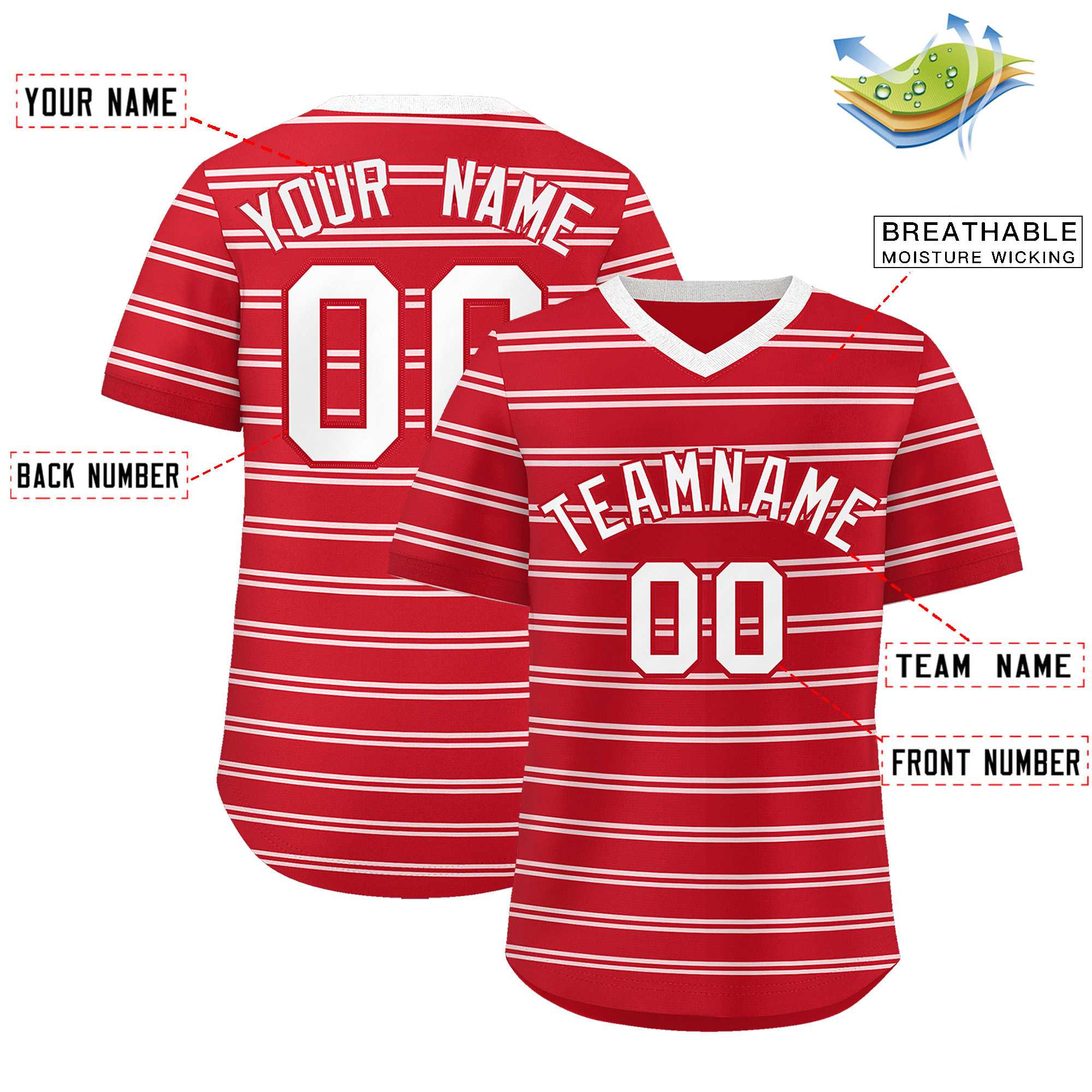 Custom Red White Personalized Horizontal Stripe Authentic Pullover Baseball Jersey