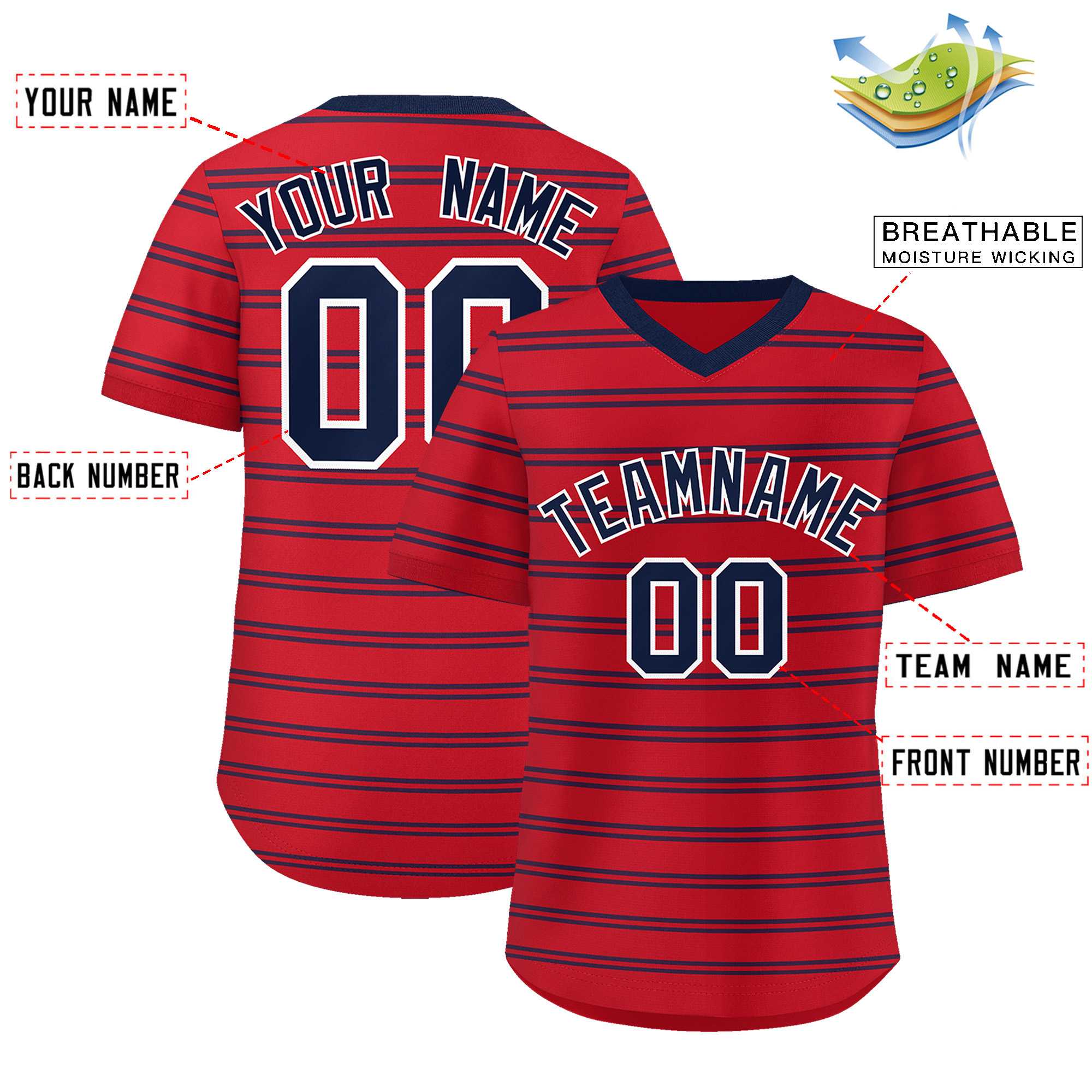 Custom Red Navy Personalized Horizontal Stripe Authentic Pullover Baseball Jersey