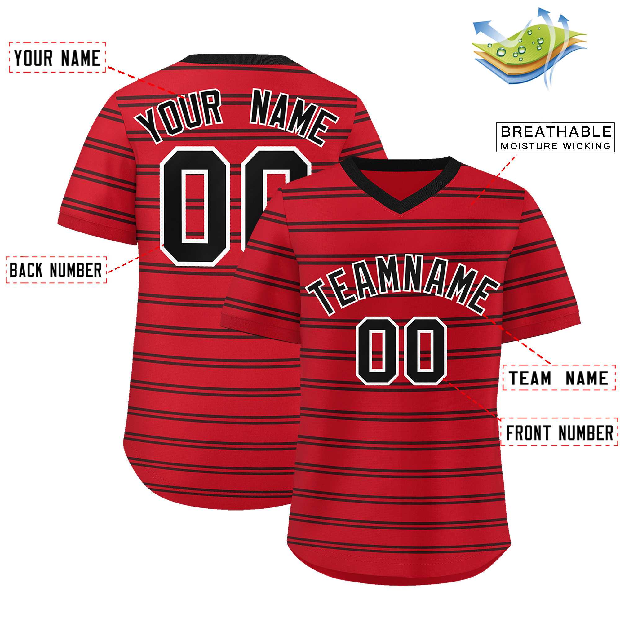 Custom Red Black Personalized Horizontal Stripe Authentic Pullover Baseball Jersey