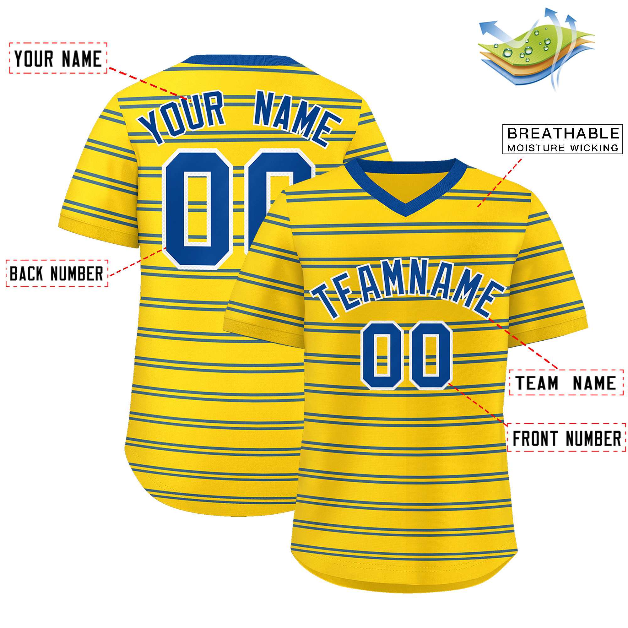 Custom Gold Royal Personalized Horizontal Stripe Authentic Pullover Baseball Jersey