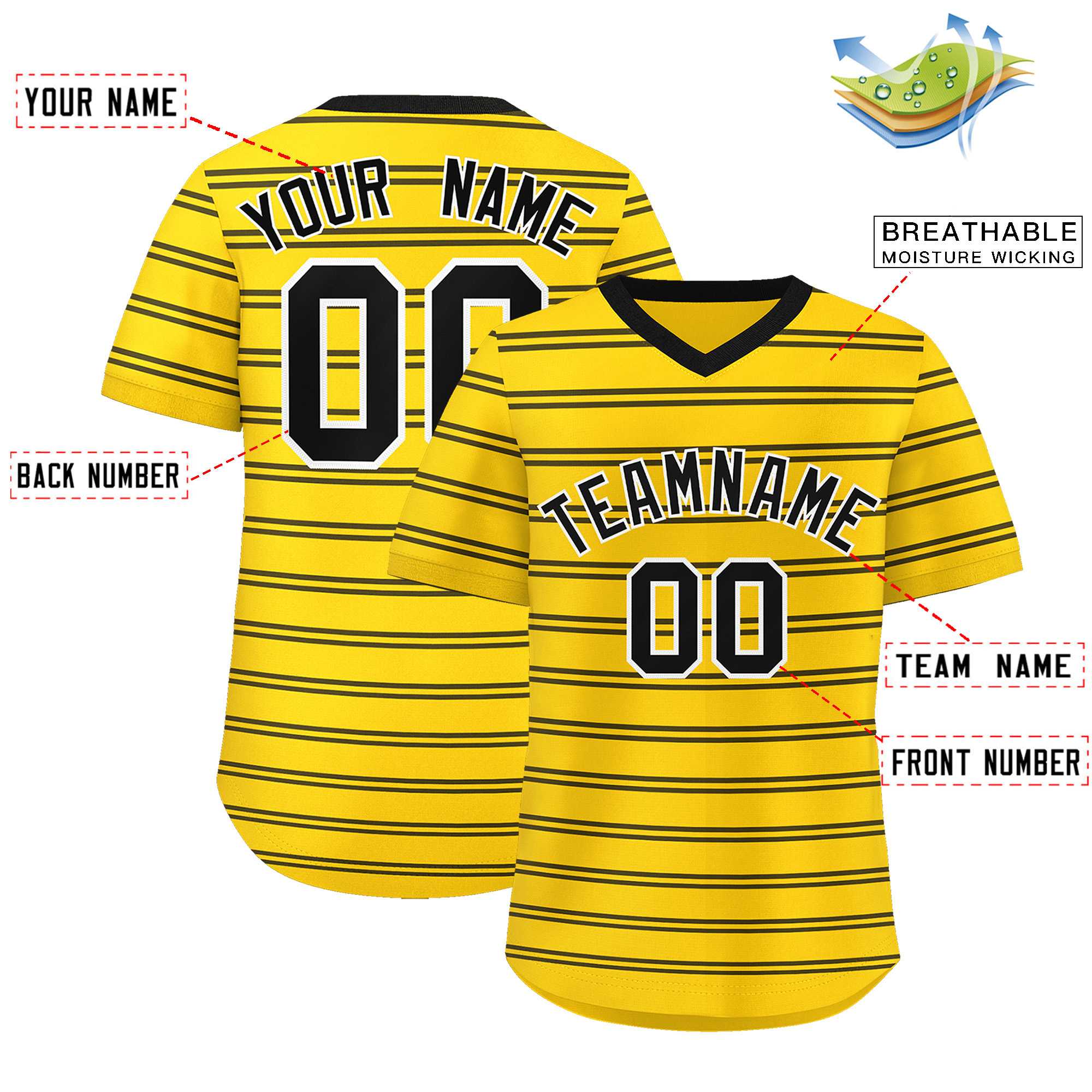 Custom Gold Black Personalized Horizontal Stripe Authentic Pullover Baseball Jersey