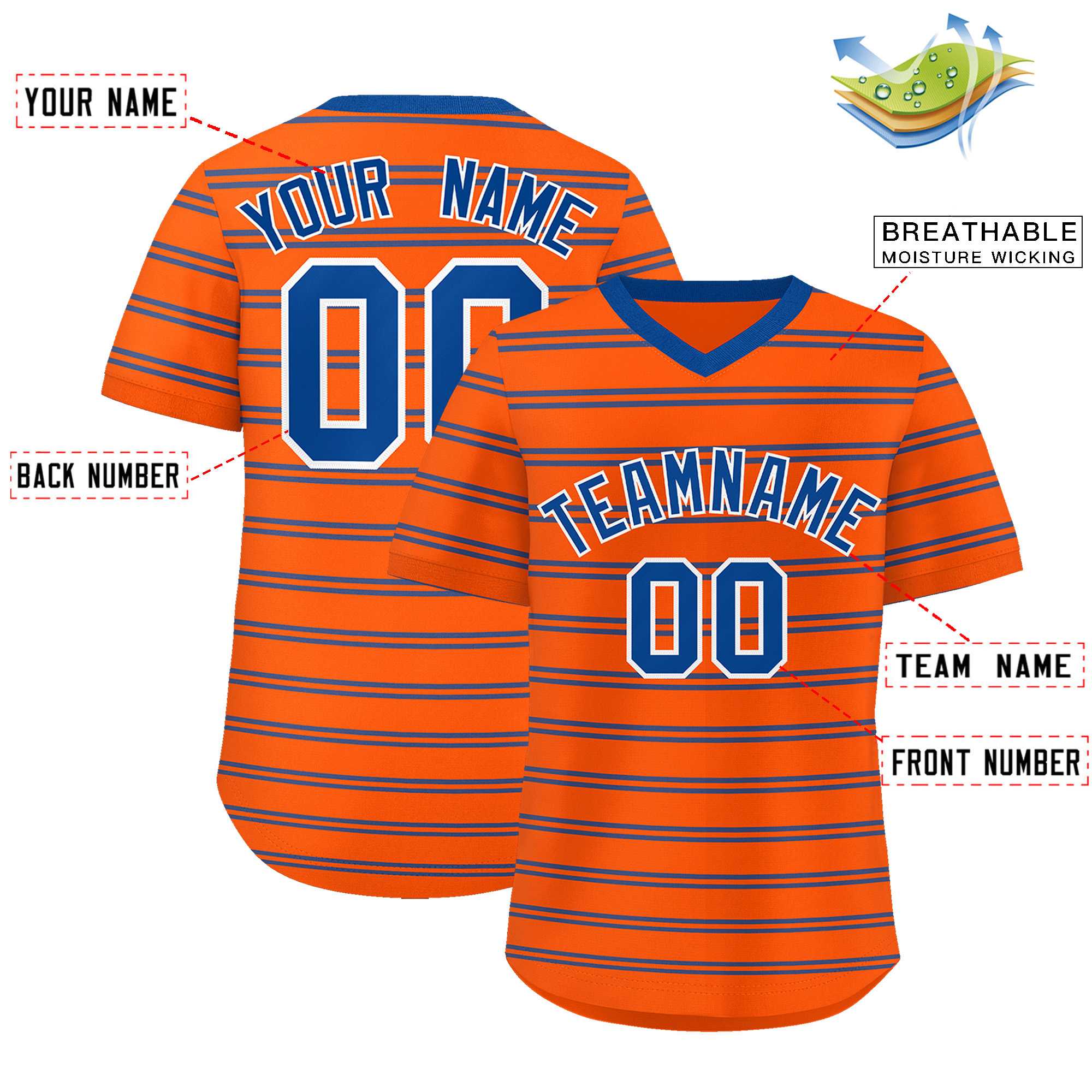 Custom Orange Royal Personalized Horizontal Stripe Authentic Pullover Baseball Jersey