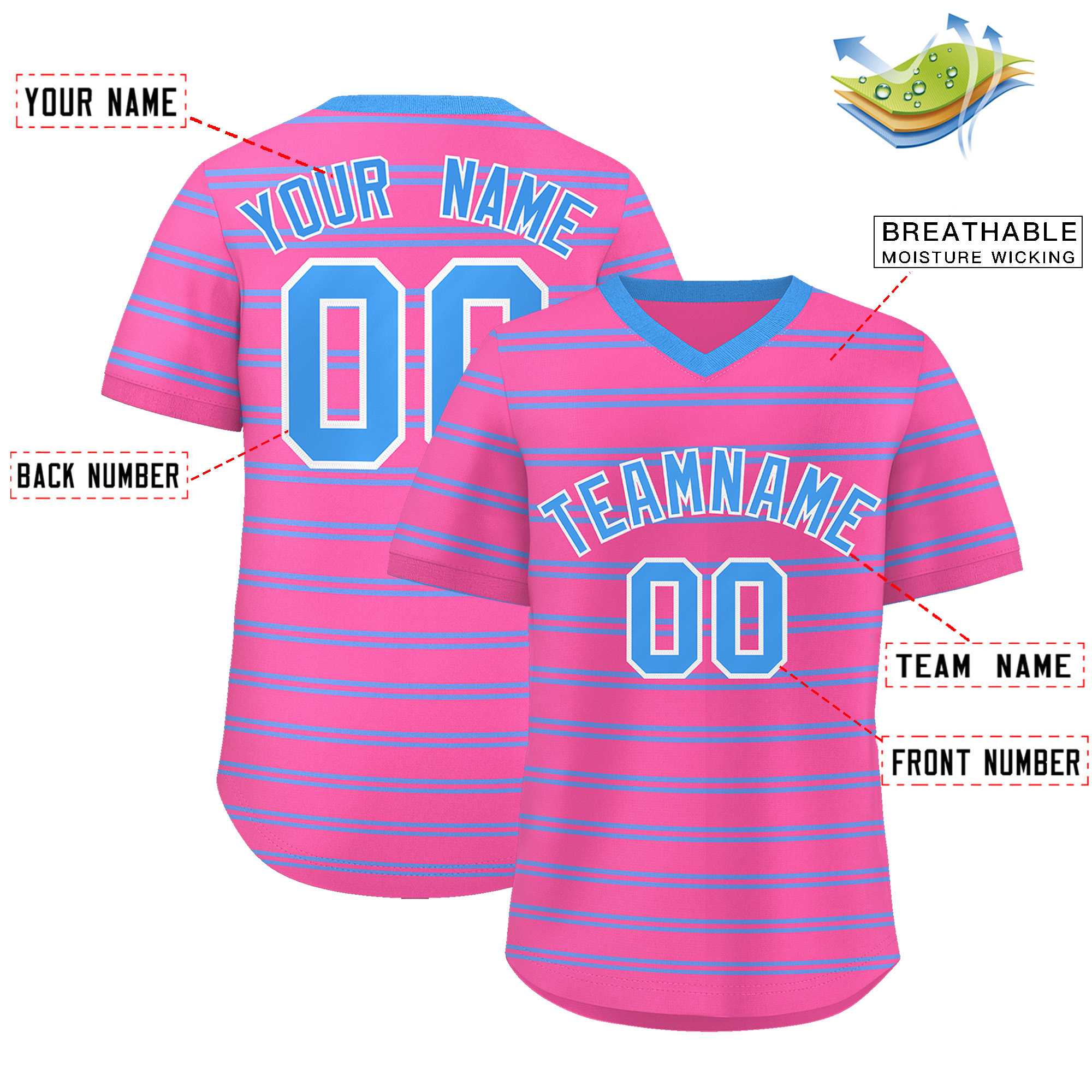 Custom Pink Powder Blue Personalized Horizontal Stripe Authentic Pullover Baseball Jersey