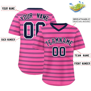 Custom Pink Navy Personalized Horizontal Stripe Authentic Pullover Baseball Jersey