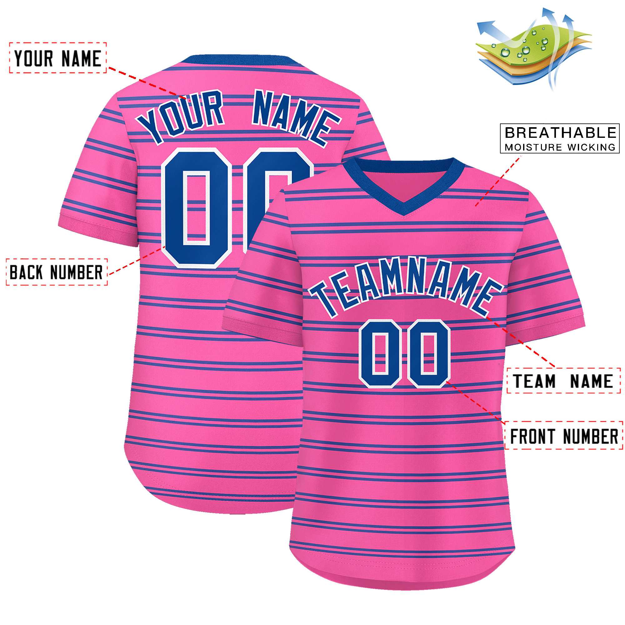 Custom Pink Royal Personalized Horizontal Stripe Authentic Pullover Baseball Jersey