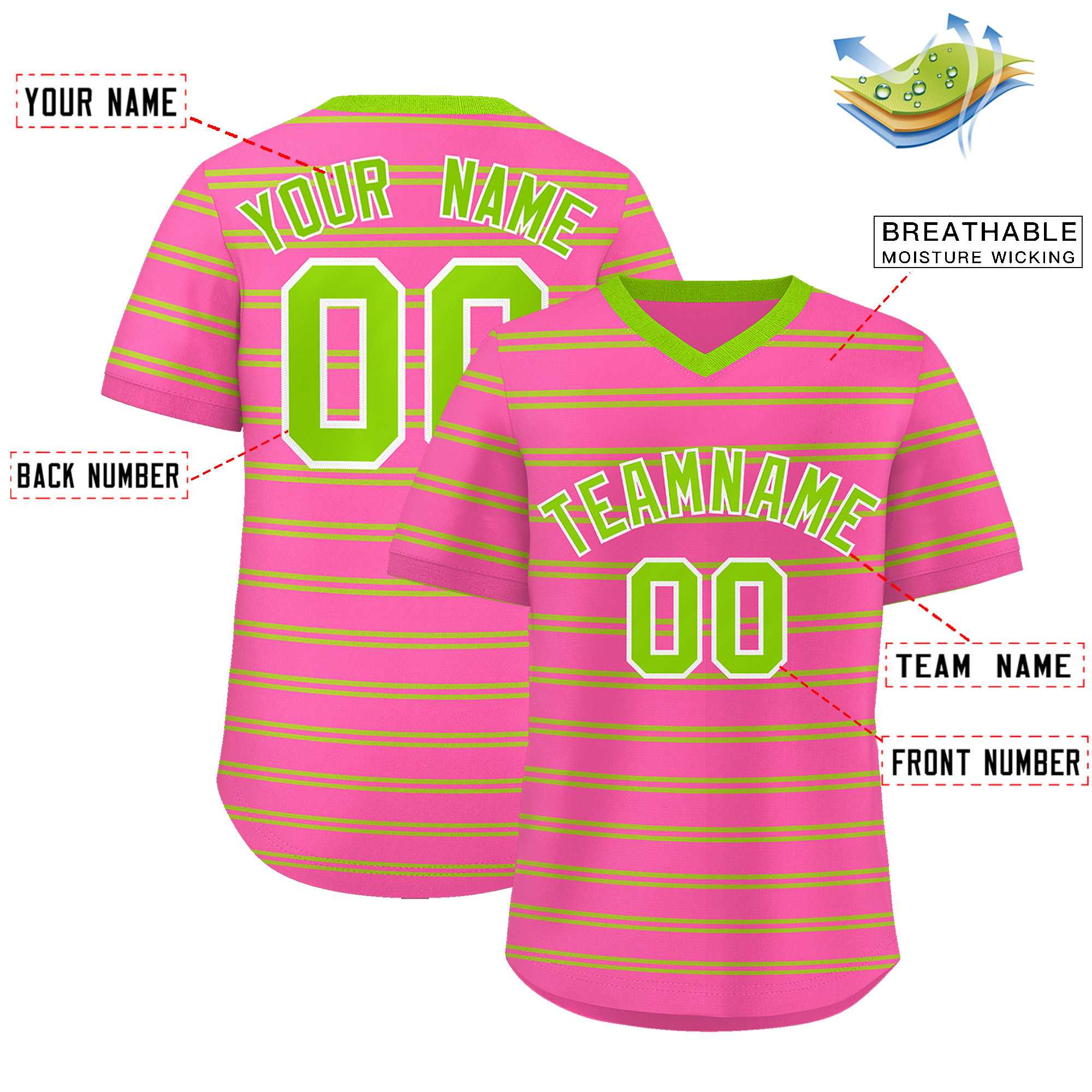 Custom Pink Neon Green Personalized Horizontal Stripe Authentic Pullover Baseball Jersey