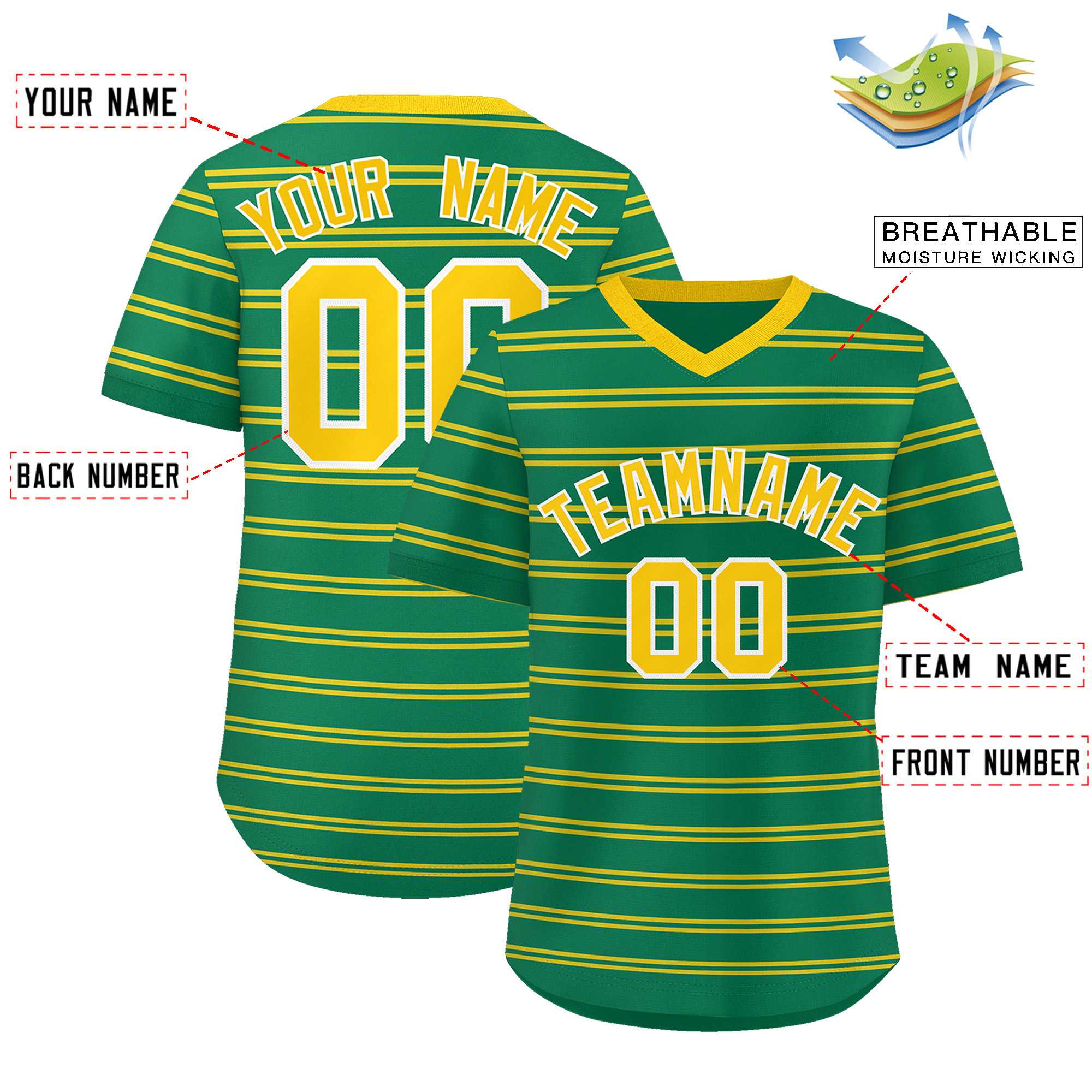 Custom Kelly Green Gold Personalized Horizontal Stripe Authentic Pullover Baseball Jersey