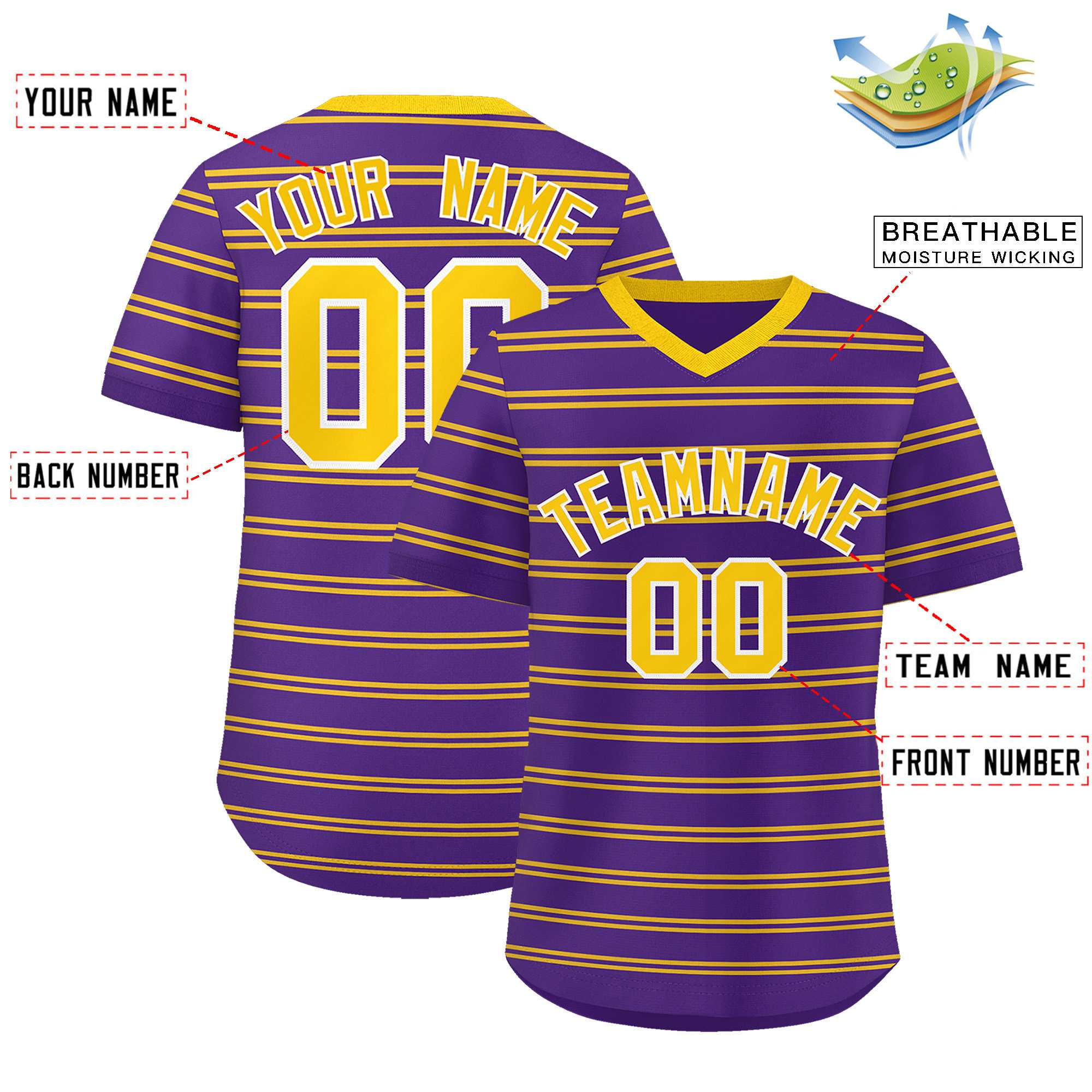 Custom Purple Gold Personalized Horizontal Stripe Authentic Pullover Baseball Jersey