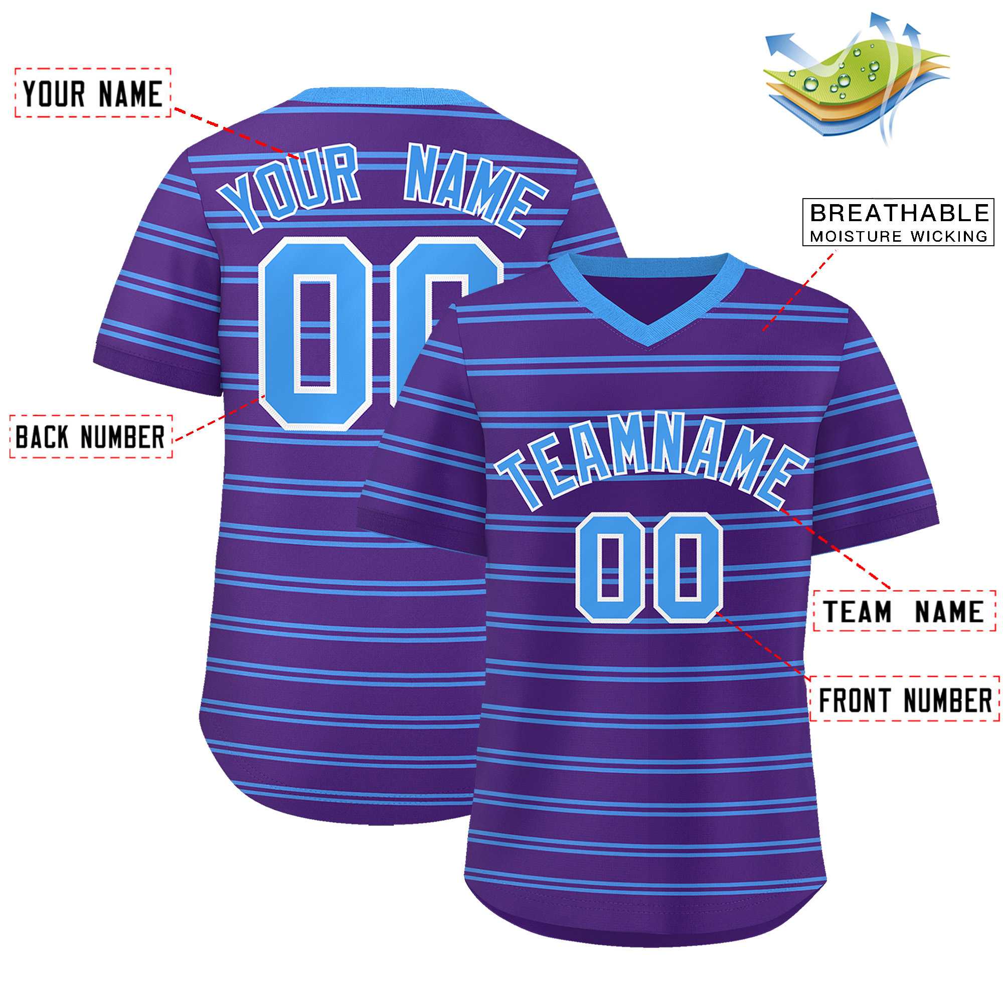 Custom Purple Powder Blue Personalized Horizontal Stripe Authentic Pullover Baseball Jersey