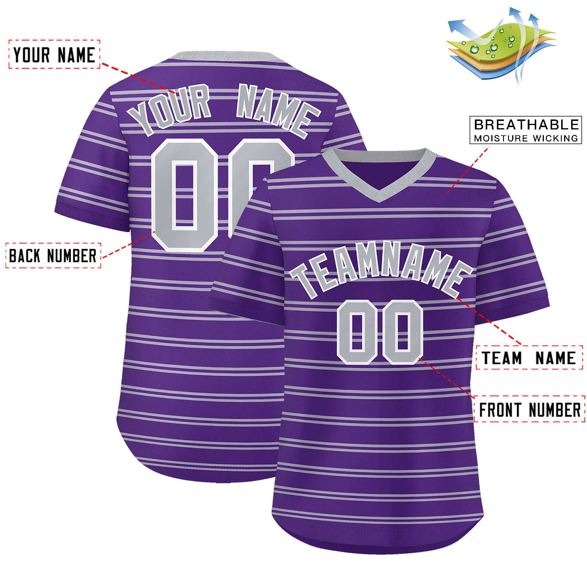 Custom Purple Gray Personalized Horizontal Stripe Authentic Pullover Baseball Jersey