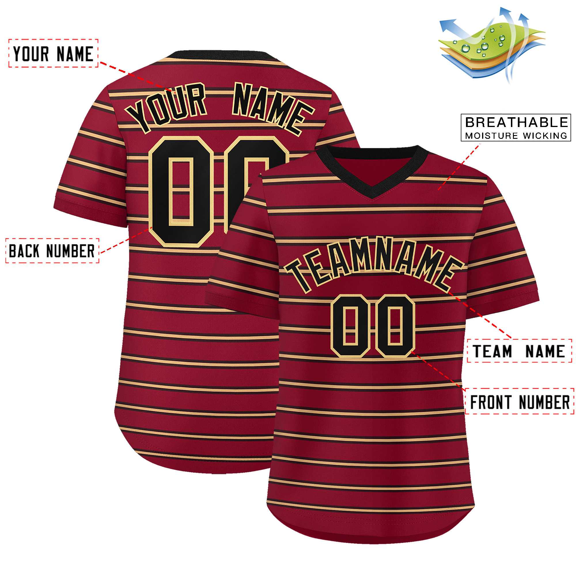 Custom Crimson Black-Khaki Personalized Horizontal Stripe Authentic Pullover Baseball Jersey