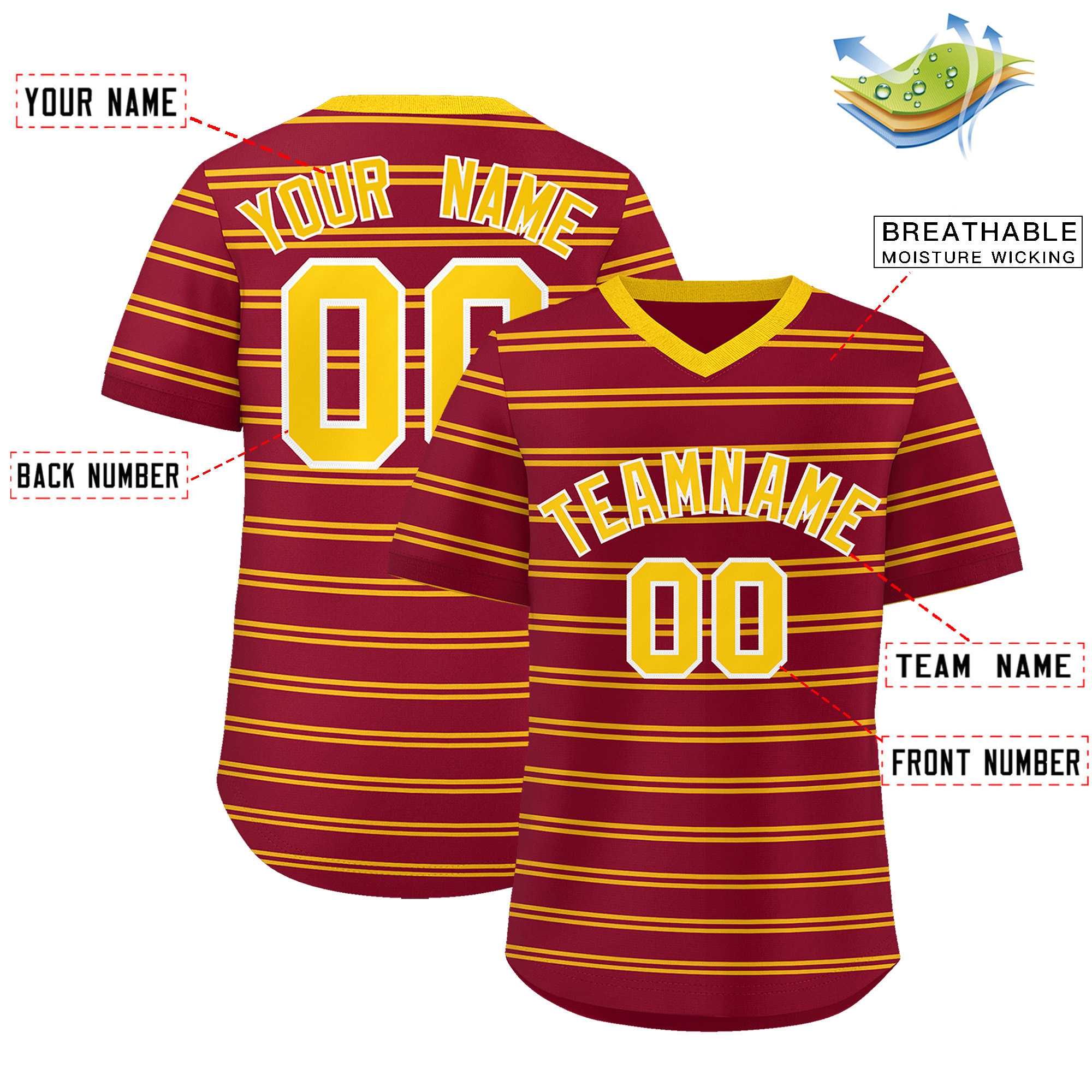 Custom Crimson Gold Personalized Horizontal Stripe Authentic Pullover Baseball Jersey