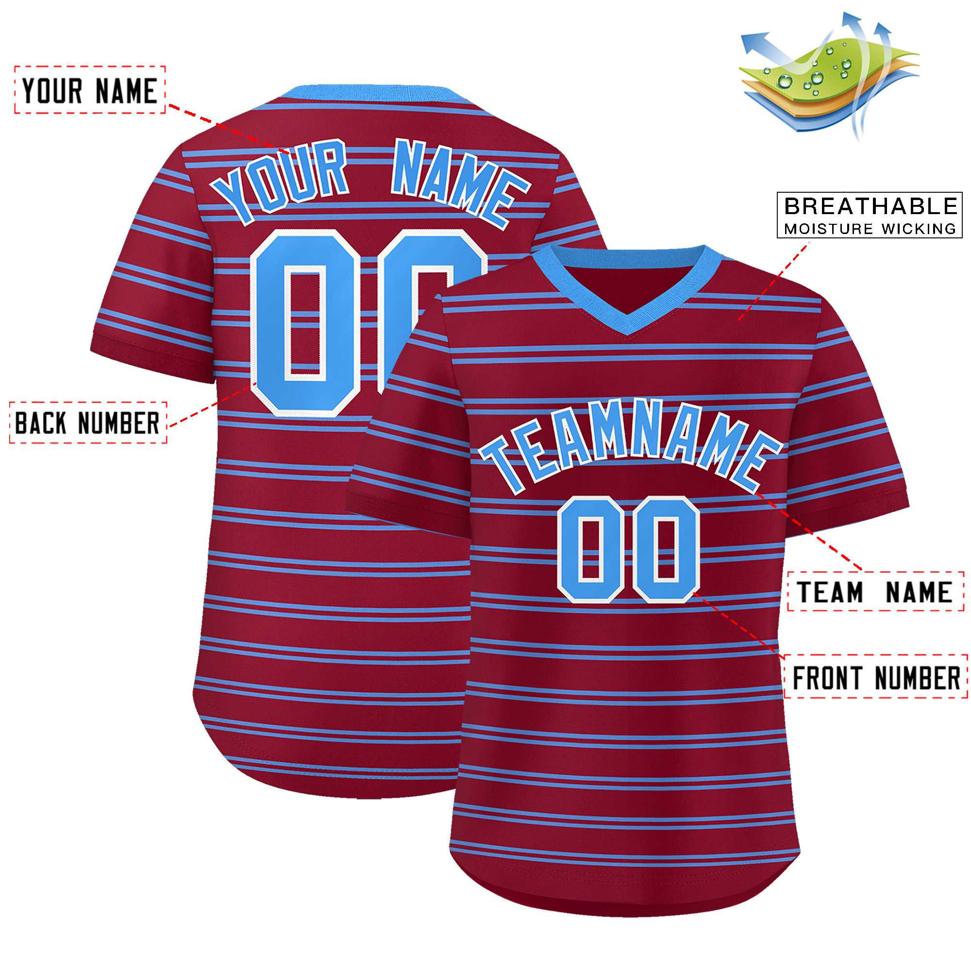 Custom Crimson Powder Blue Personalized Horizontal Stripe Authentic Pullover Baseball Jersey