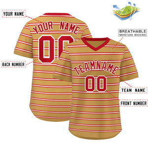 Custom Old Gold Red-White Personalized Horizontal Stripe Authentic Pullover Baseball Jersey