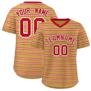 Custom Old Gold Red-White Personalized Horizontal Stripe Authentic Pullover Baseball Jersey