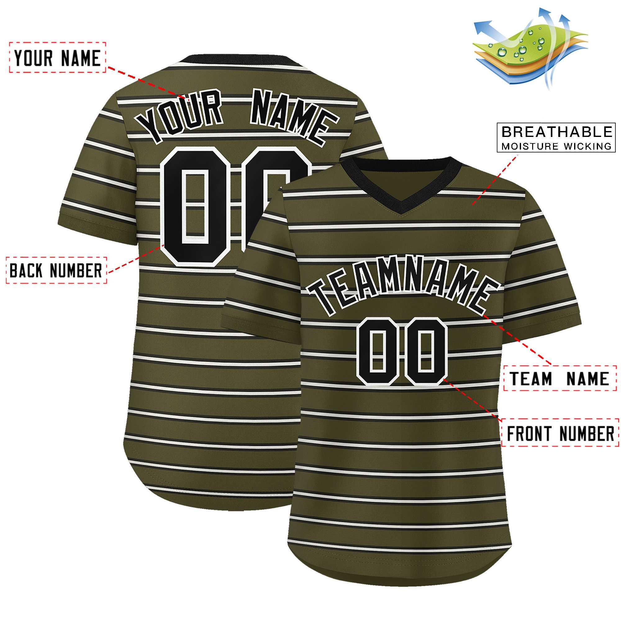 Custom Olive Black-White Personalized Horizontal Stripe Authentic Pullover Baseball Jersey