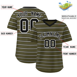 Custom Olive Black-White Personalized Horizontal Stripe Authentic Pullover Baseball Jersey