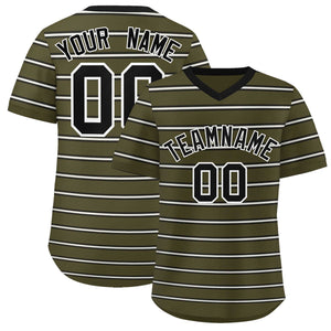 Custom Olive Black-White Personalized Horizontal Stripe Authentic Pullover Baseball Jersey