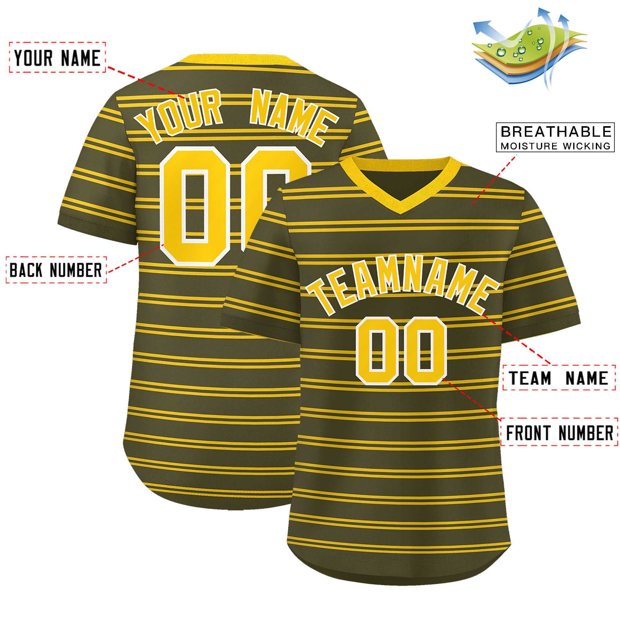 Custom Olive Gold Personalized Horizontal Stripe Authentic Pullover Baseball Jersey