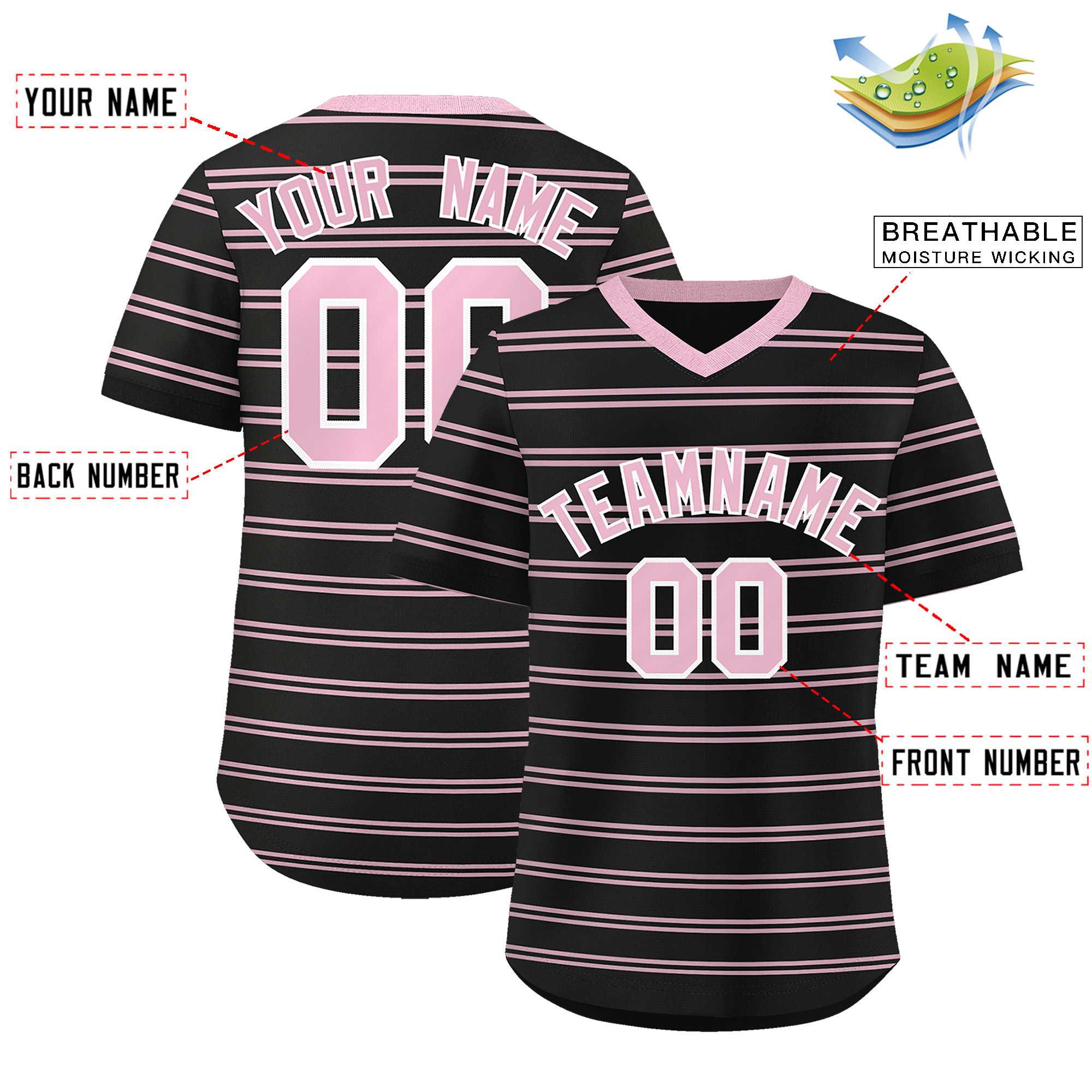 Custom Black Light Pink Personalized Horizontal Stripe Authentic Pullover Baseball Jersey