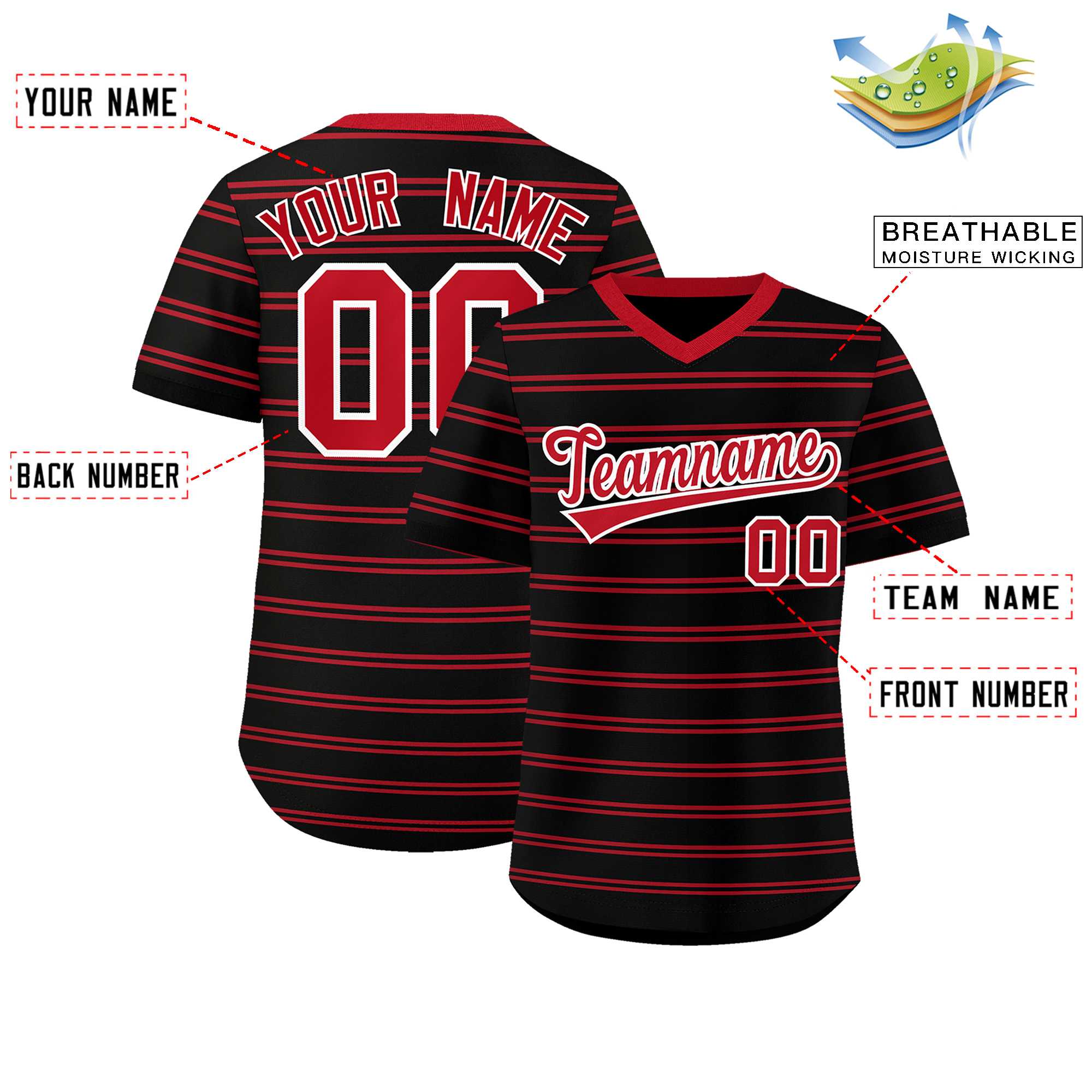 Custom Black Red Personalized Horizontal Stripe Authentic Pullover Baseball Jersey