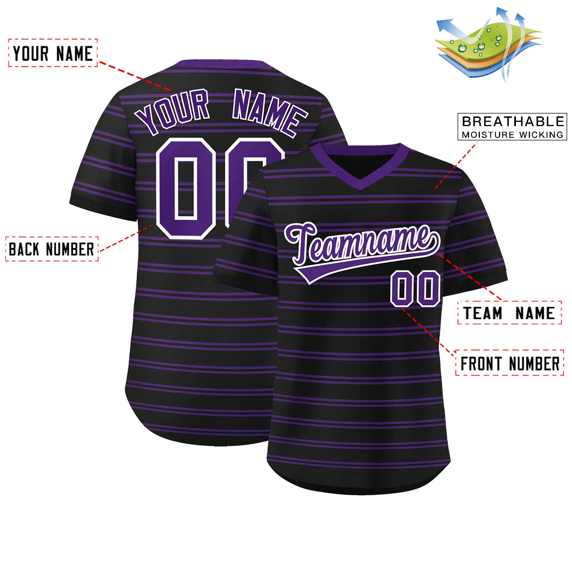 Custom Black Purple Personalized Horizontal Stripe Authentic Pullover Baseball Jersey