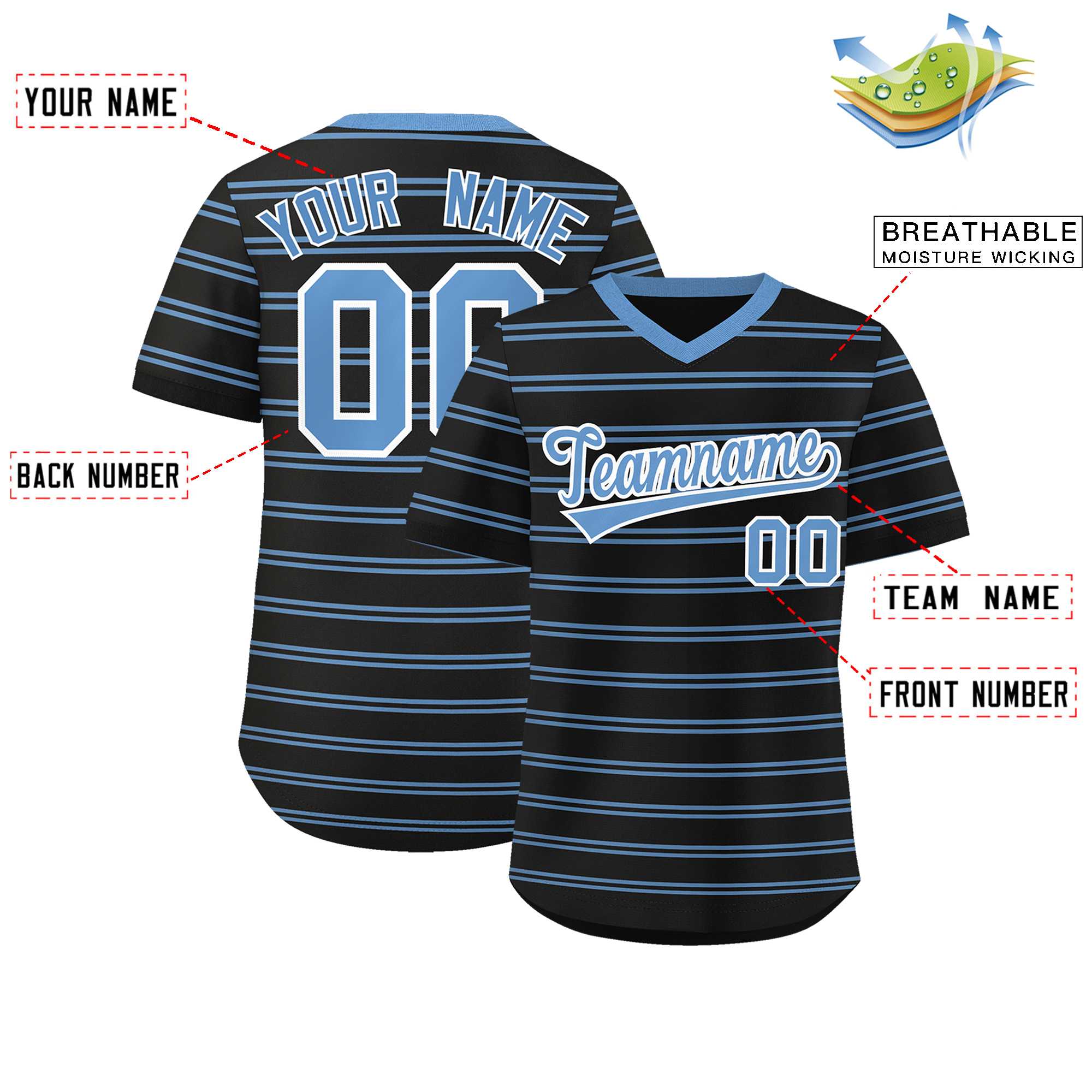 Custom Black Light Blue Personalized Horizontal Stripe Authentic Pullover Baseball Jersey