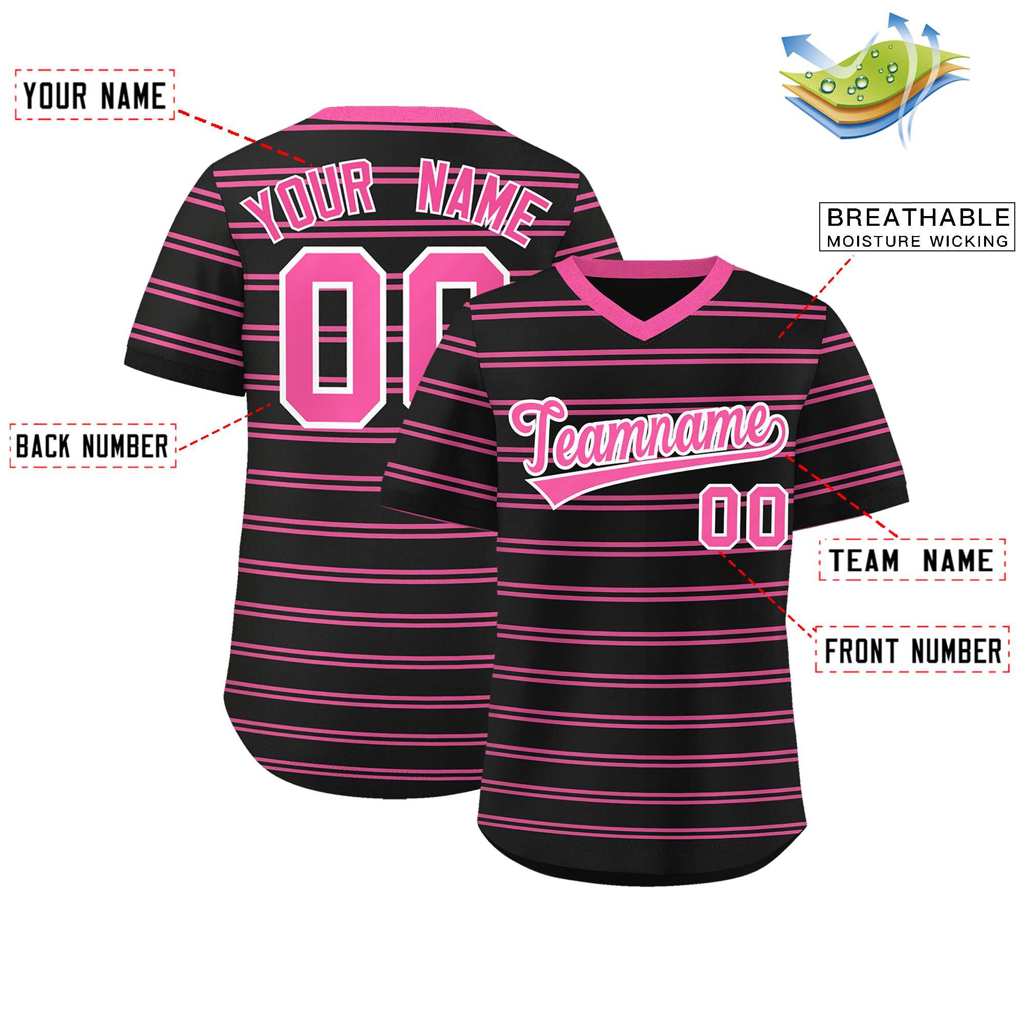 Custom Black Pink Personalized Horizontal Stripe Authentic Pullover Baseball Jersey