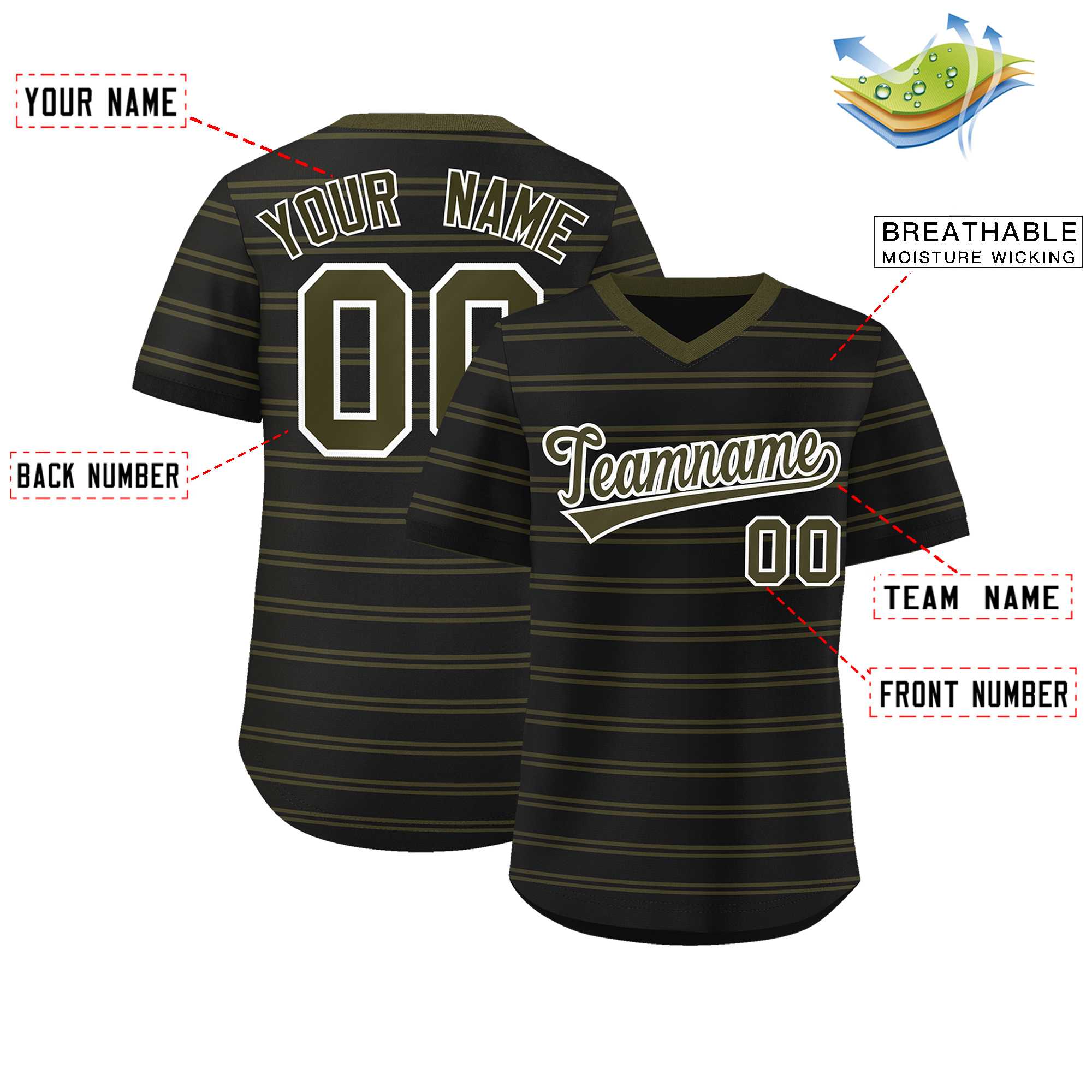 Custom Black Olive Personalized Horizontal Stripe Authentic Pullover Baseball Jersey