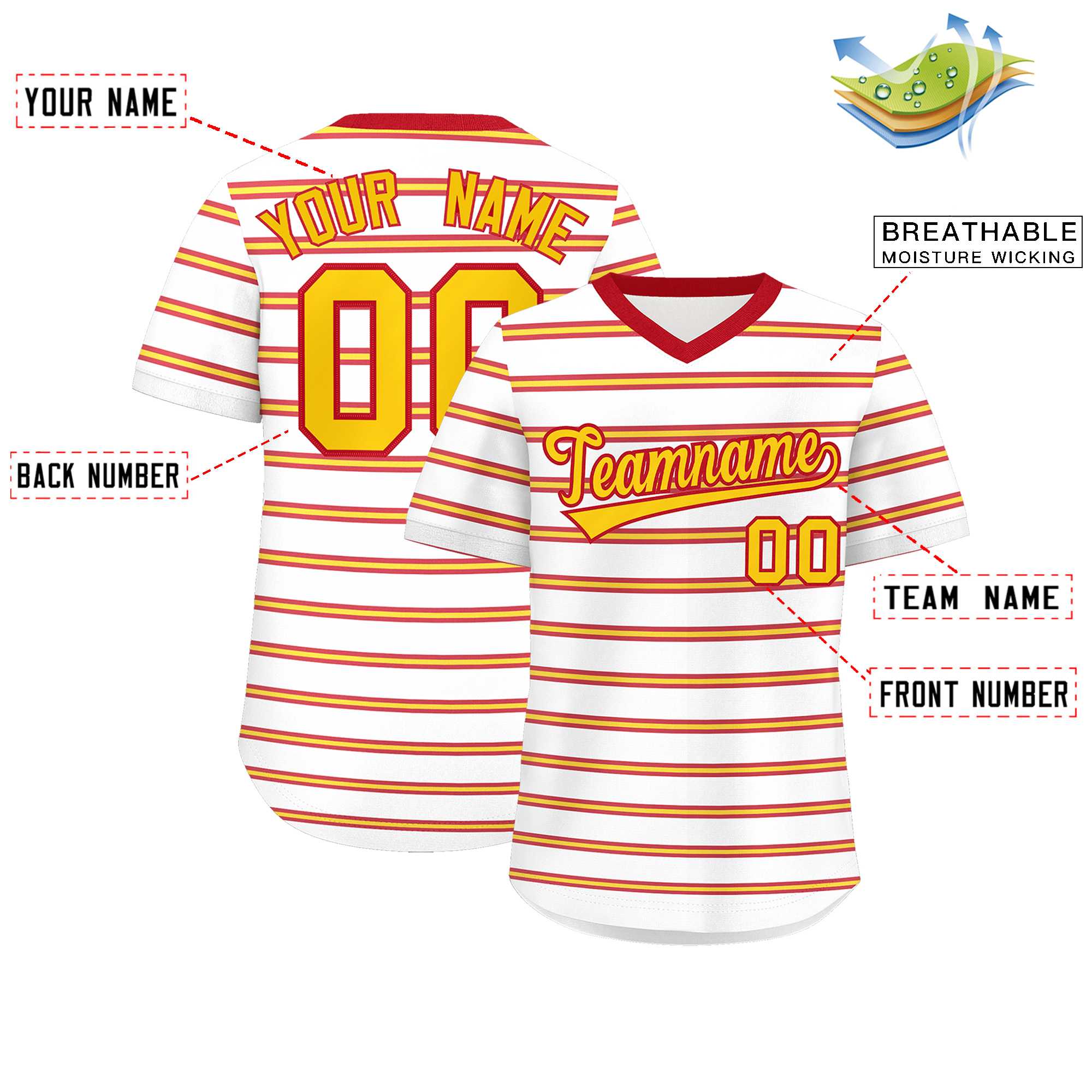 Custom White Red-Gold Personalized Horizontal Stripe Authentic Pullover Baseball Jersey