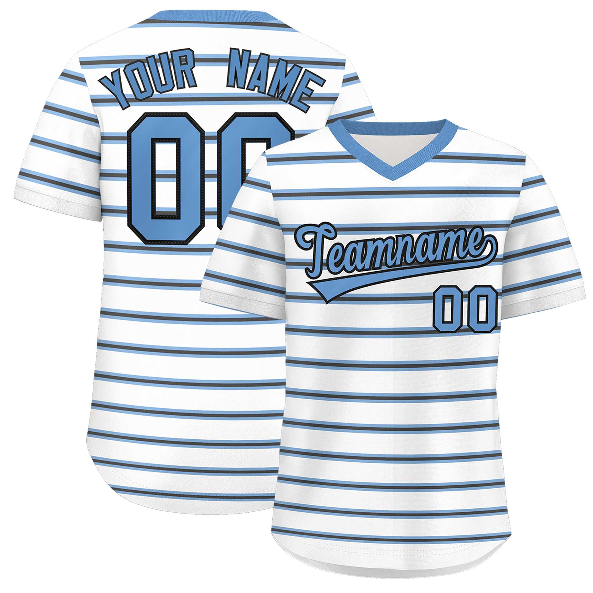 Custom White Light Blue-Black Personalized Horizontal Stripe Authentic Pullover Baseball Jersey