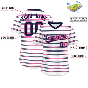 Custom White Navy-Pink Personalized Horizontal Stripe Authentic Pullover Baseball Jersey