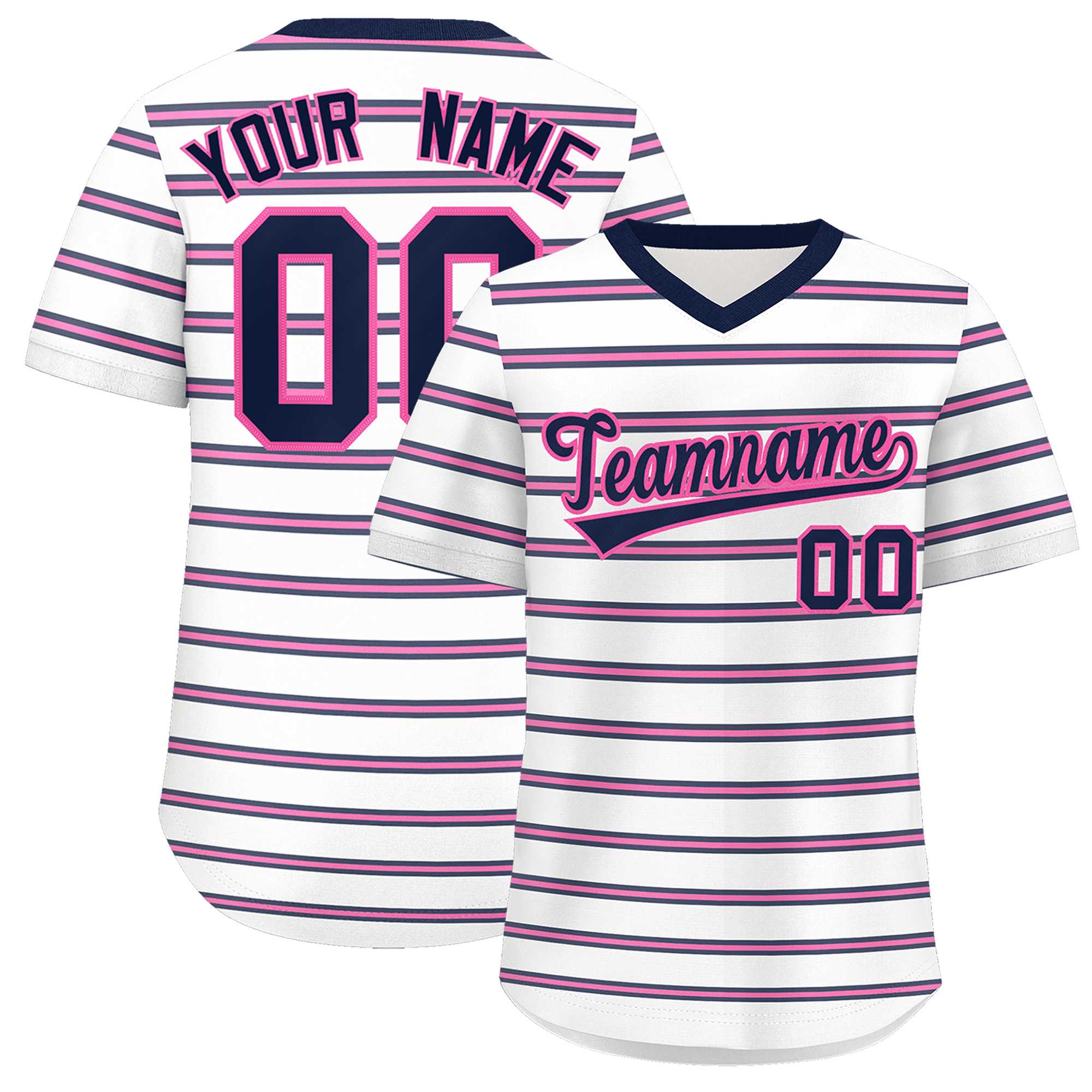 Custom White Navy-Pink Personalized Horizontal Stripe Authentic Pullover Baseball Jersey