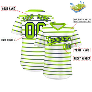 Custom White Neon Green-Navy Personalized Horizontal Stripe Authentic Pullover Baseball Jersey