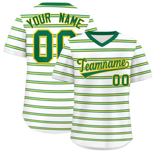 Custom White Kelly Green-Gold Personalized Horizontal Stripe Authentic Pullover Baseball Jersey