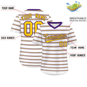 Custom White Purple-Yellow Personalized Horizontal Stripe Authentic Pullover Baseball Jersey