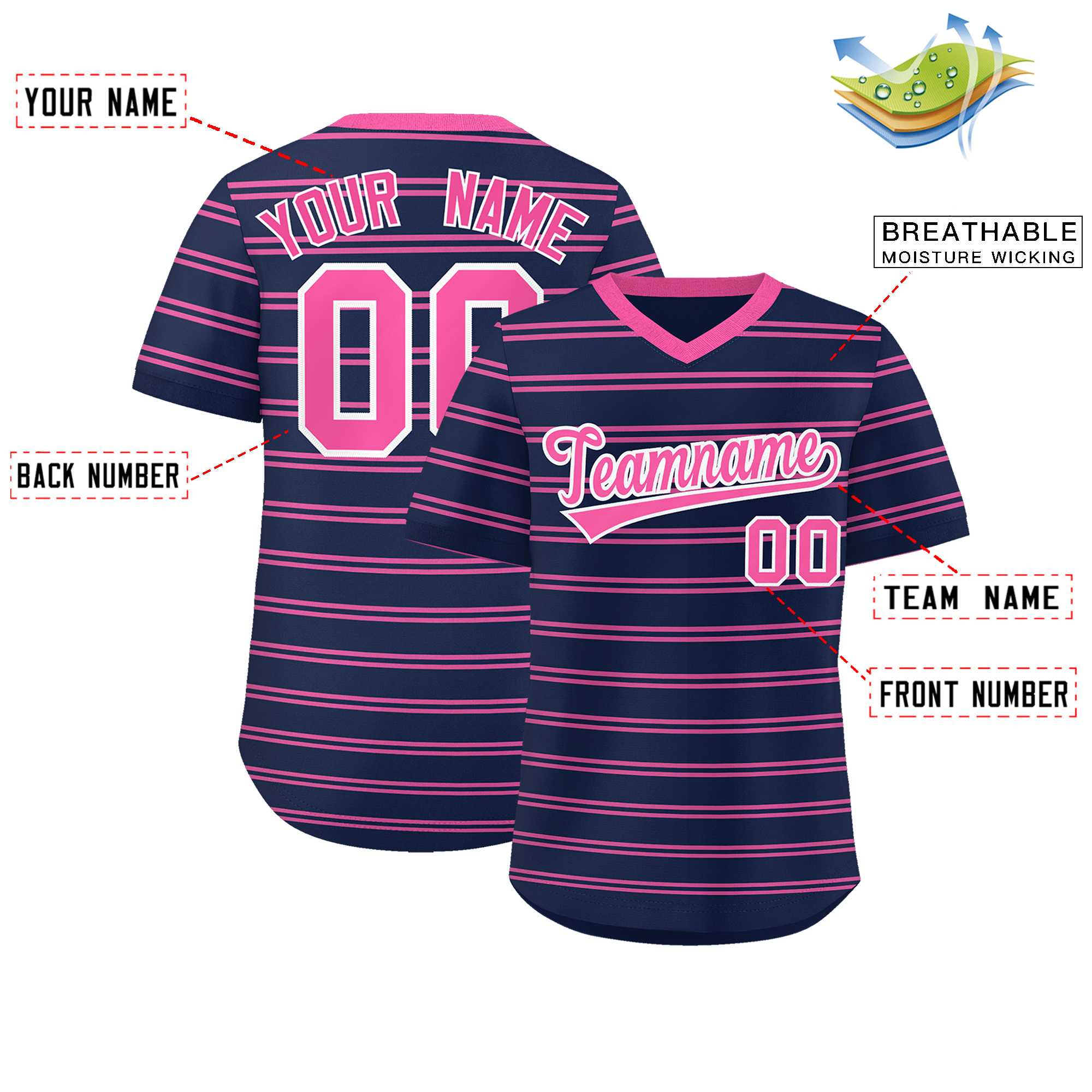 Custom Navy Pink Personalized Horizontal Stripe Authentic Pullover Baseball Jersey