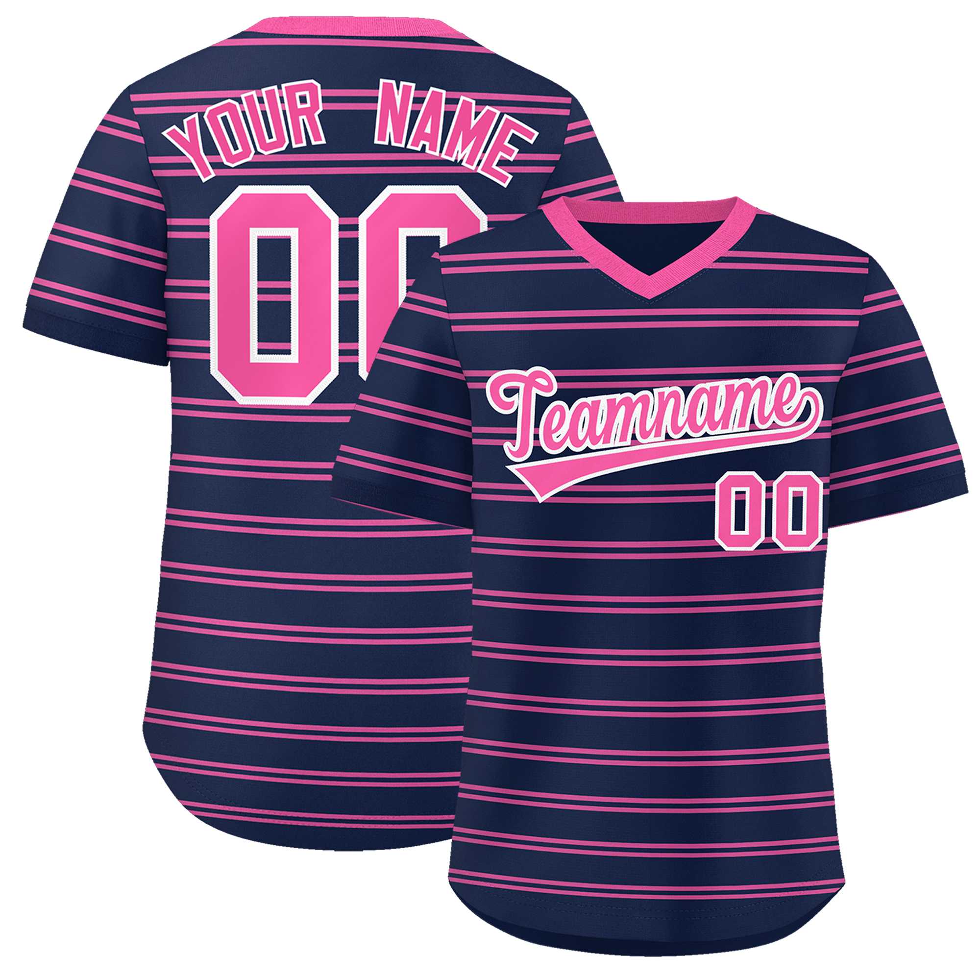 Custom Navy Pink Personalized Horizontal Stripe Authentic Pullover Baseball Jersey