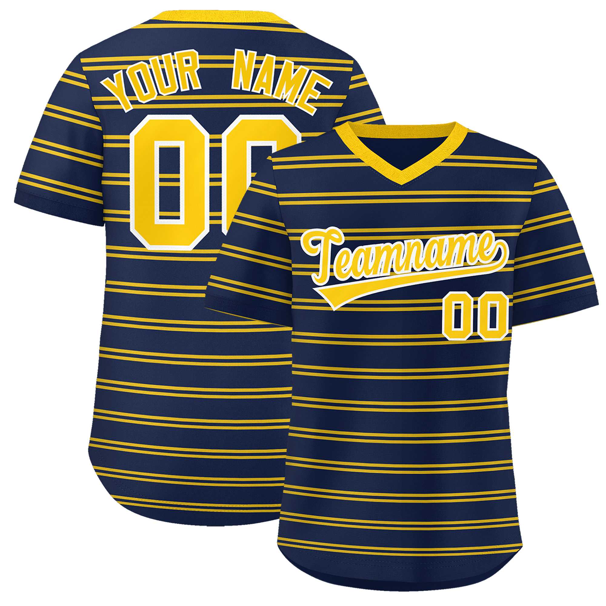 Custom Navy Gold Personalized Horizontal Stripe Authentic Pullover Baseball Jersey