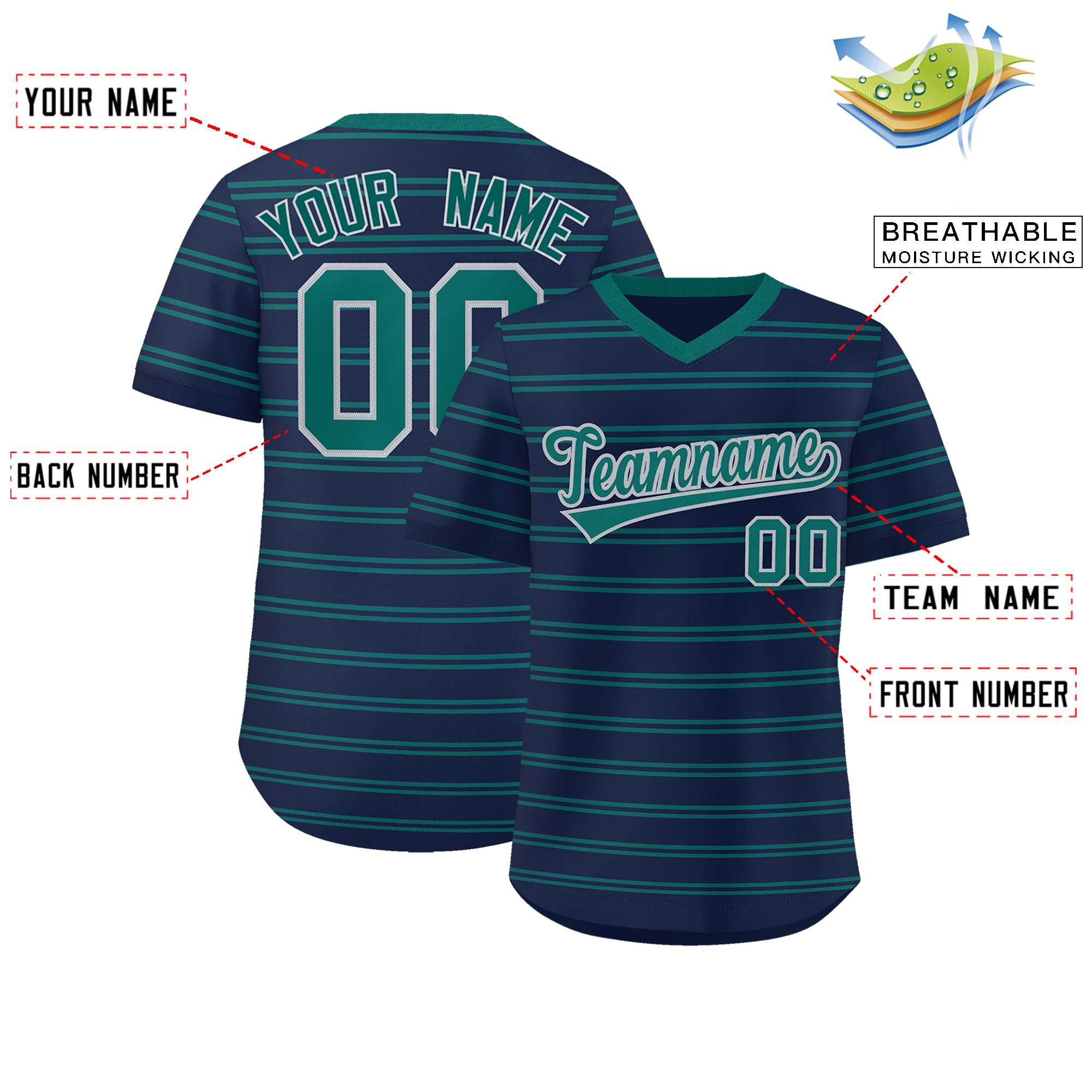 Custom Navy Aqua Personalized Horizontal Stripe Authentic Pullover Baseball Jersey