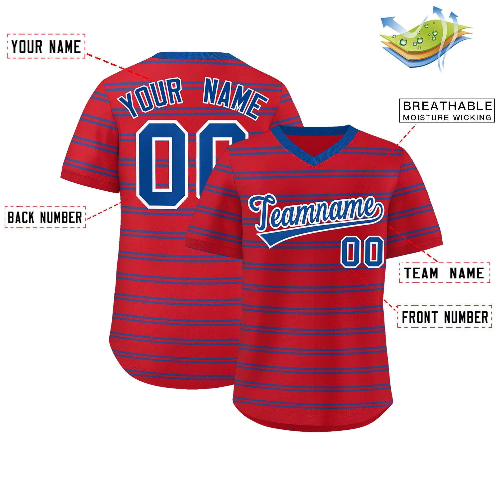 Custom Red Royal Personalized Horizontal Stripe Authentic Pullover Baseball Jersey