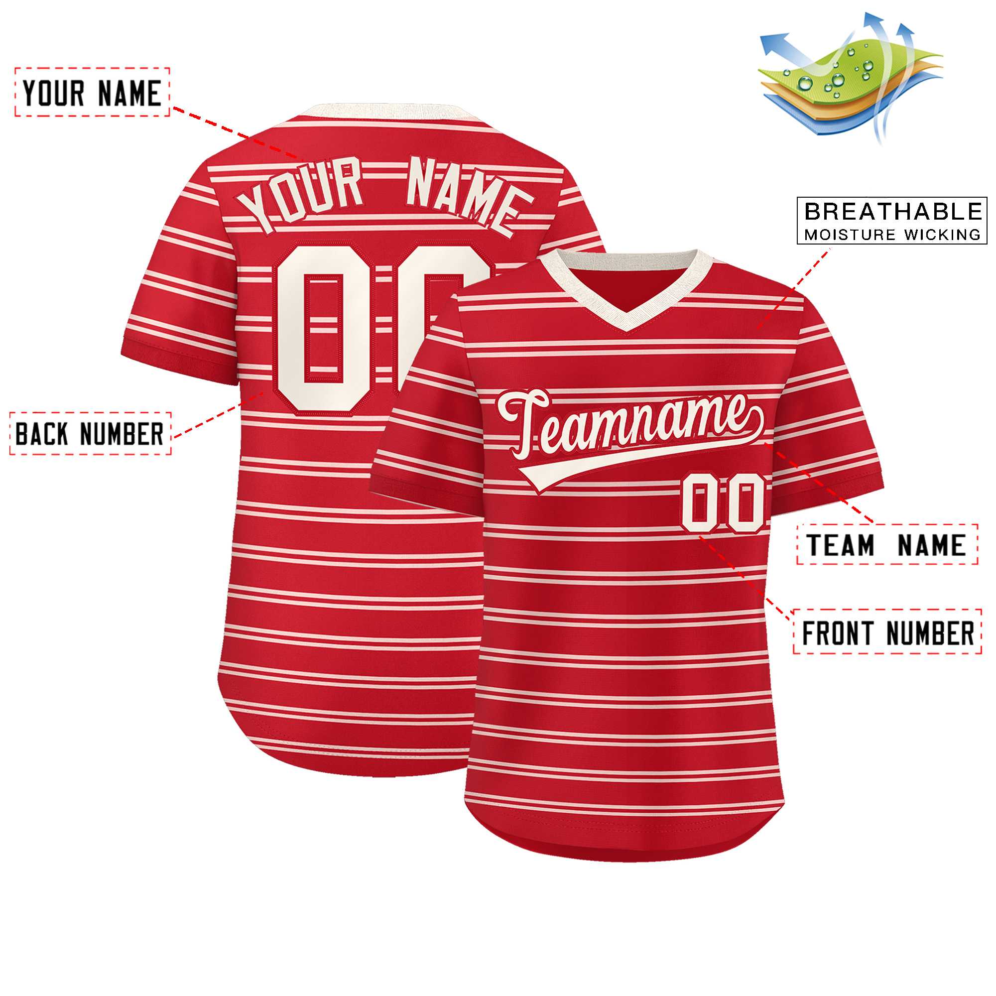 Custom Red Cream Personalized Horizontal Stripe Authentic Pullover Baseball Jersey