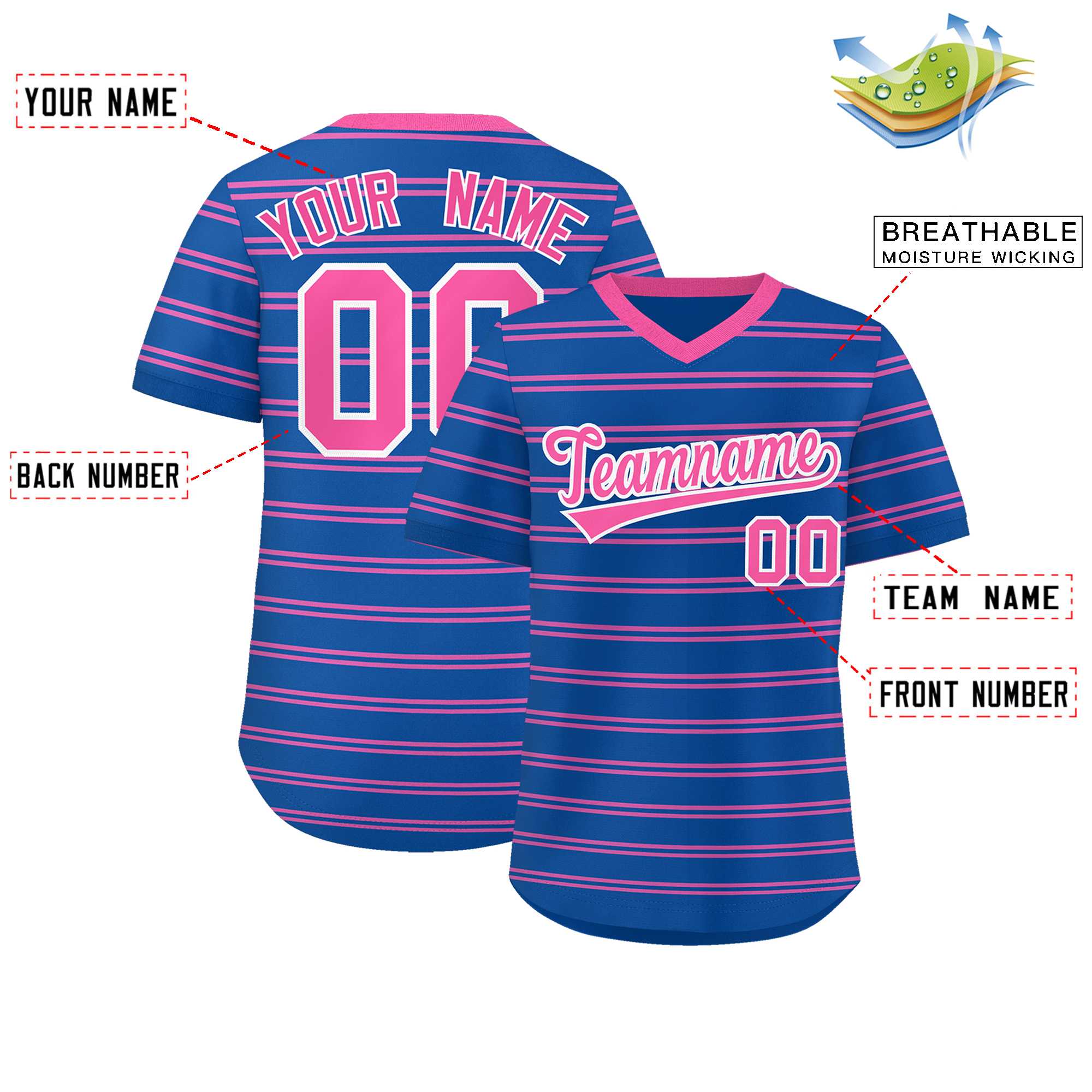 Custom Royal Pink Personalized Horizontal Stripe Authentic Pullover Baseball Jersey